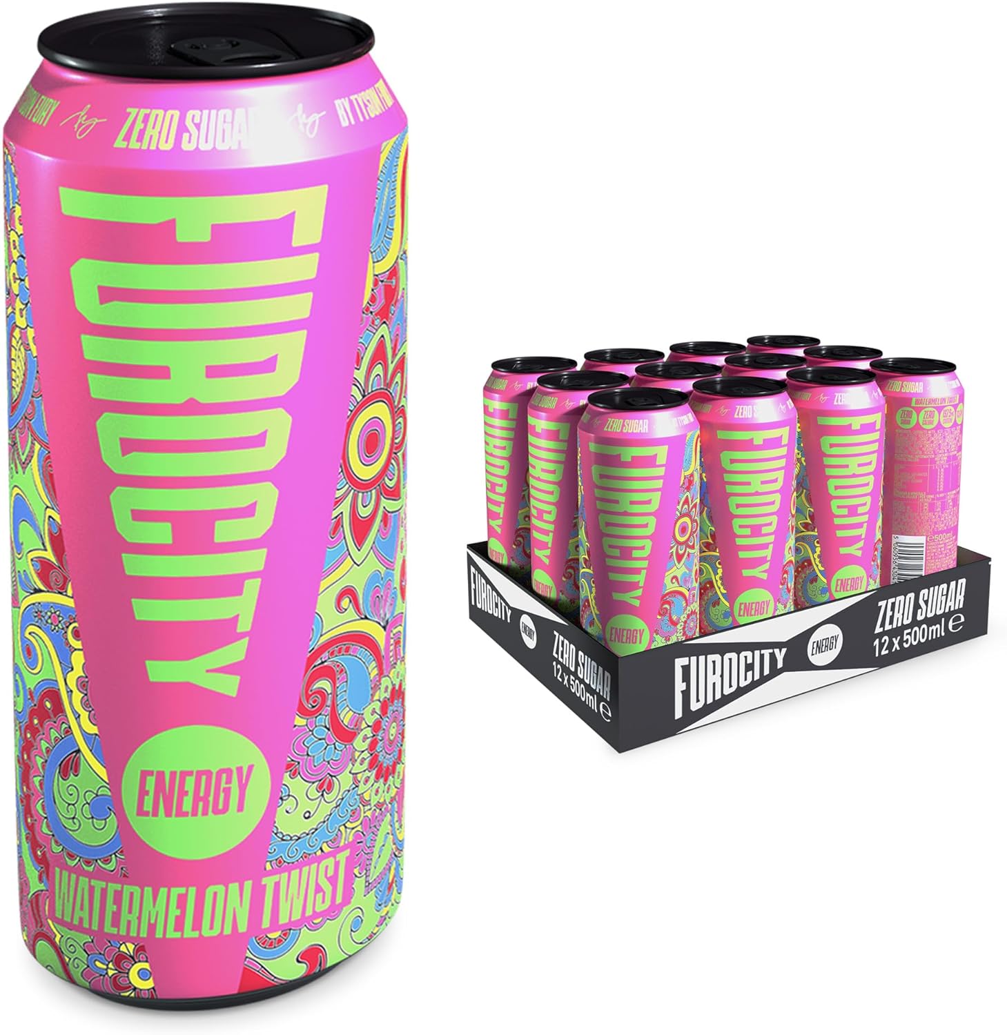 Furocity Sugar Free Energy Drink, Watermelon Twist, 157mg Caffeine, Low Calorie, Zero Sugar, High in Vitamins C, B6, B12, Taurine, Vegan, 12 x 500ml Cans