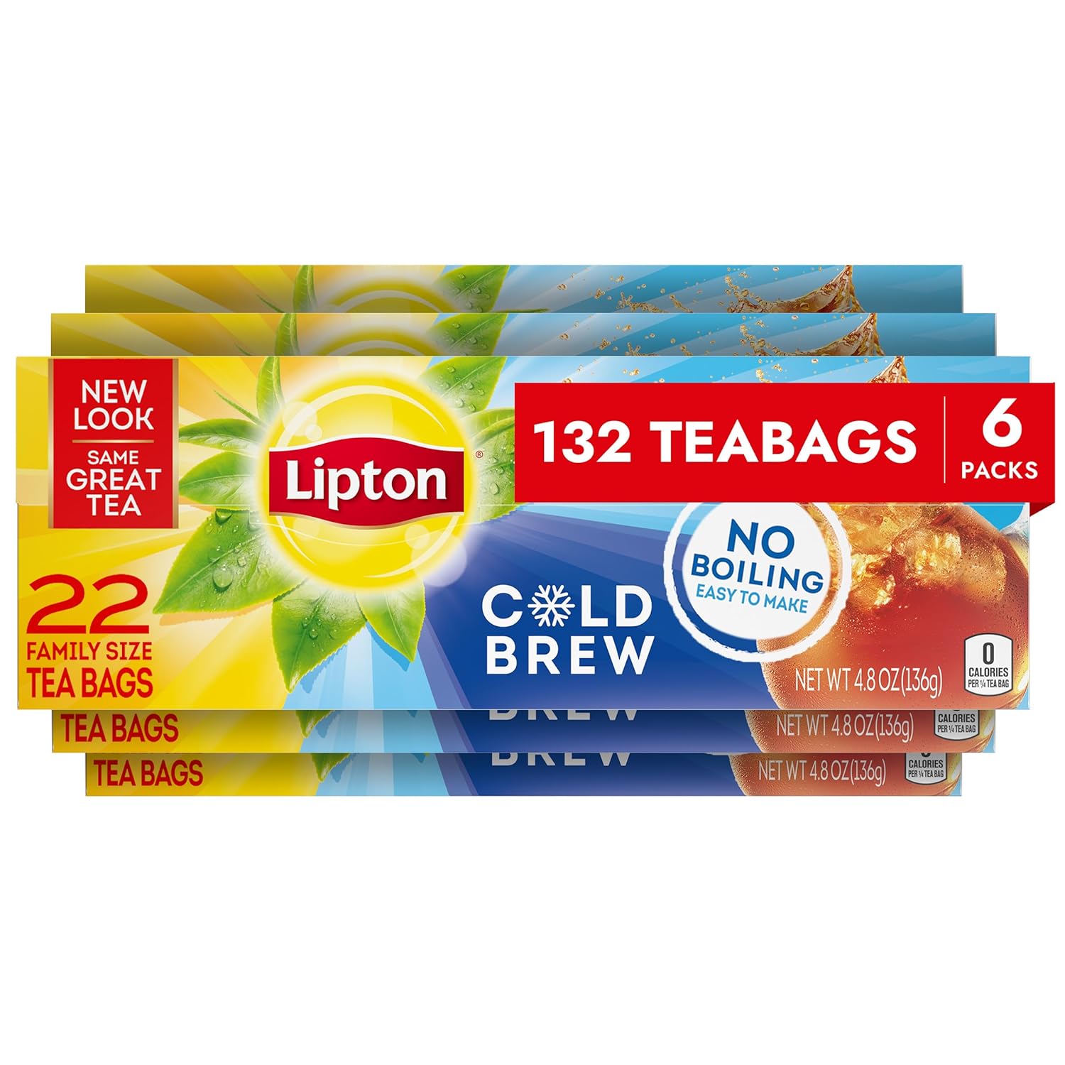 Lipton Cold Brew Iced Tea Bags, Family Size Zero Calories, Easy-To-Make with no boiling needed, 132 Total Tea Bags (22ct - Pack of 6)