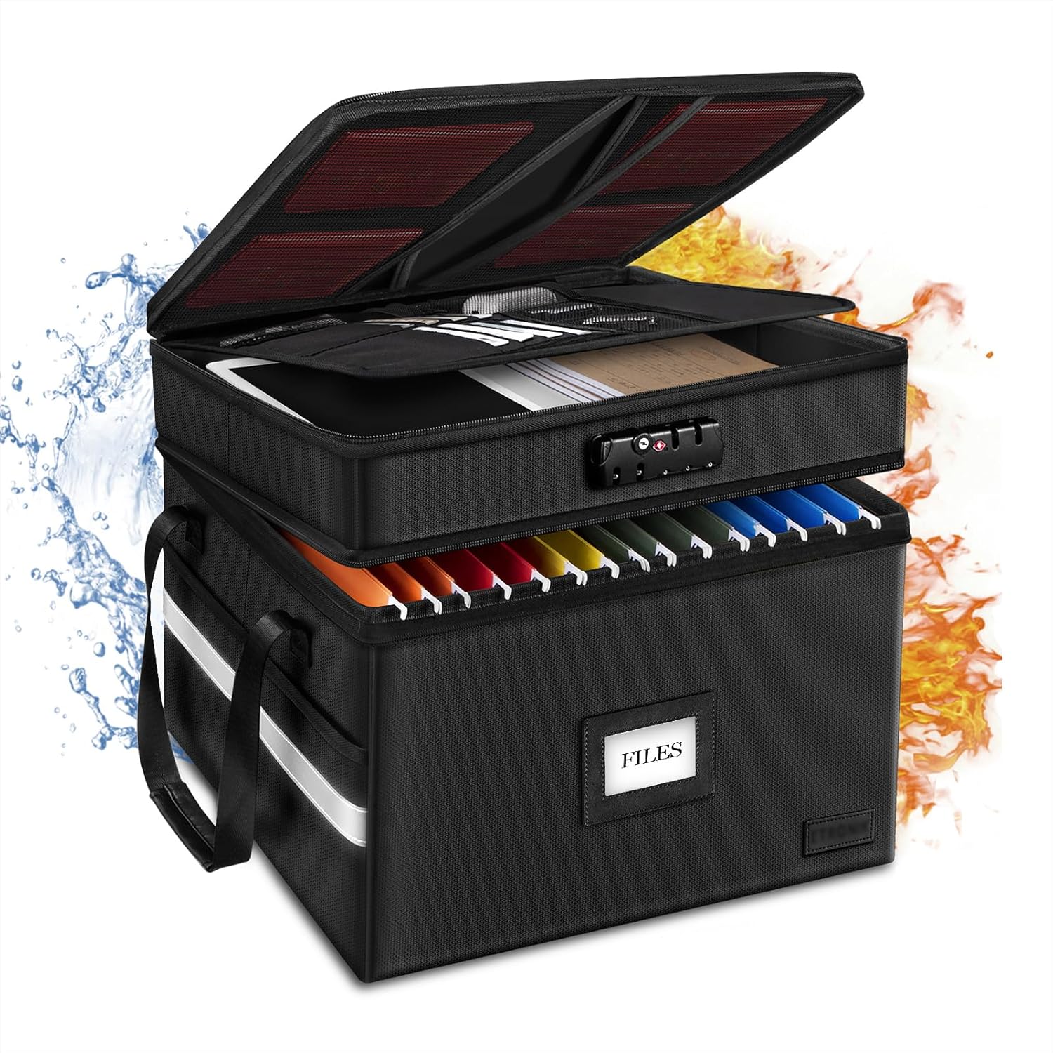 ETRONIK Fireproof Document Box with Lock, 2 Layer File Cabinet Organizer with 5 Tab Inserts, Portable Office Collapsible File Storage with Reflective Strip for Hanging Letter, Legal Size Folder