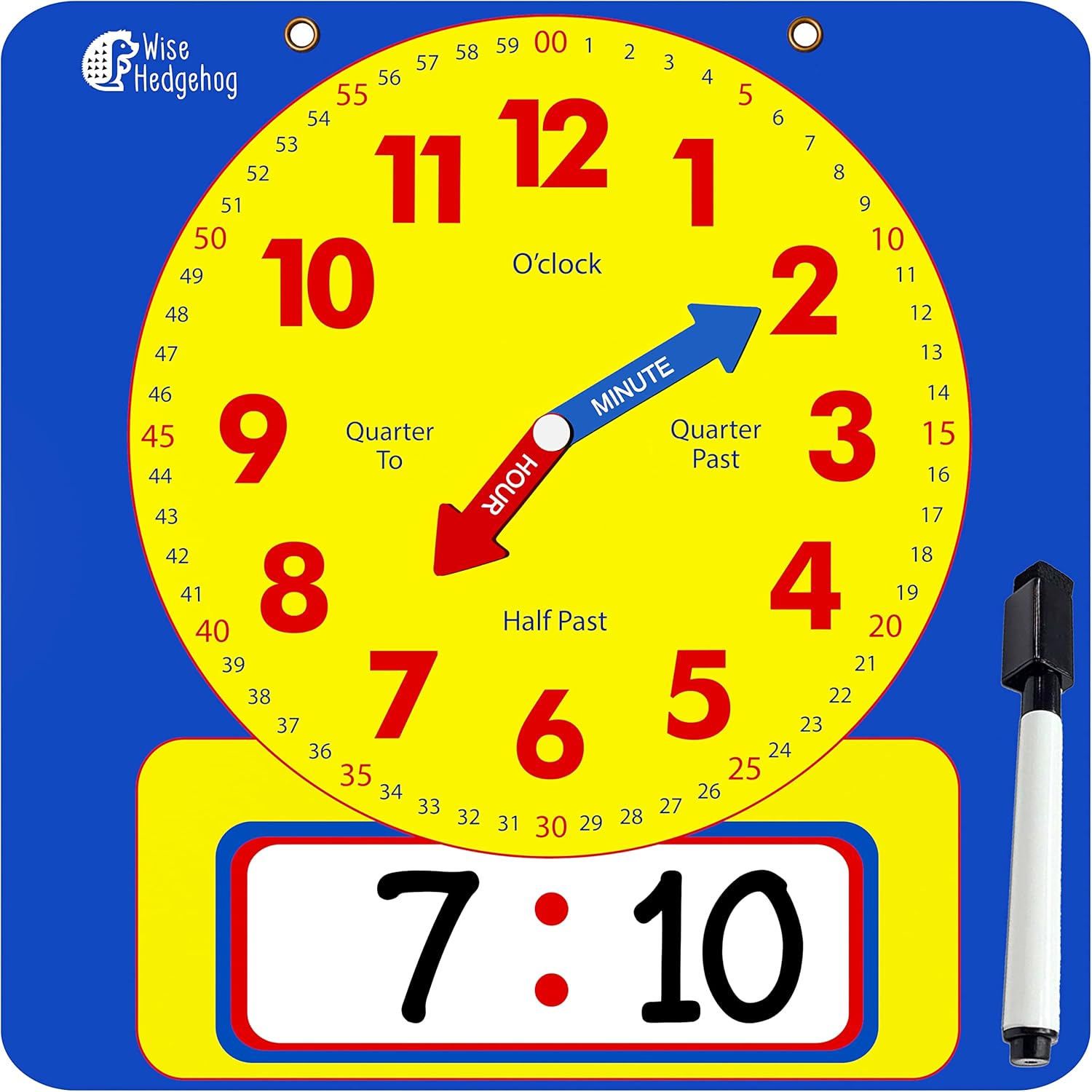 Large Dry Erase Magnetic Teaching Demonstration Clock, Kids Telling Time Learning Clock for Analog and Digital Time, Labelled Minute & Hour Hands, for School Classrooms & Homeschool Supplies