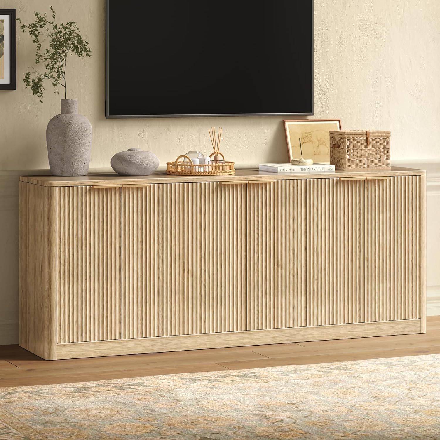 67" Oak Fluted TV Stand for TVs up to 75", Mid-Century Modern Entertainment Center with Storage Cabinets and 6 Doors, Wood Media TV Consoles for Living Room and Bedroom