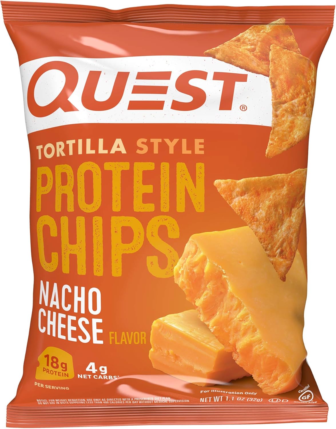 Quest Nutrition Nacho Cheese Tortilla Style Protein Chips, 18g Protein, 4g Net Carb, Low Carb, Gluten Free, 1.1 oz (Pack of 12)