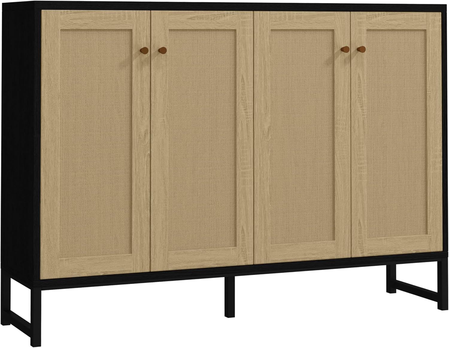 Panana Sideboard Accent Storage Cabinet with Rattan Decorated 4 Doors Dining Room Freestanding Kitchen Buffet Table Cupboard (Black)