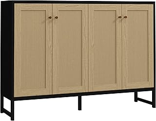 Panana Sideboard Accent Storage Cabinet with Rattan Decorated 4 Doors Dining Room Freestanding Kitchen Buffet Table Cupboard (Black)