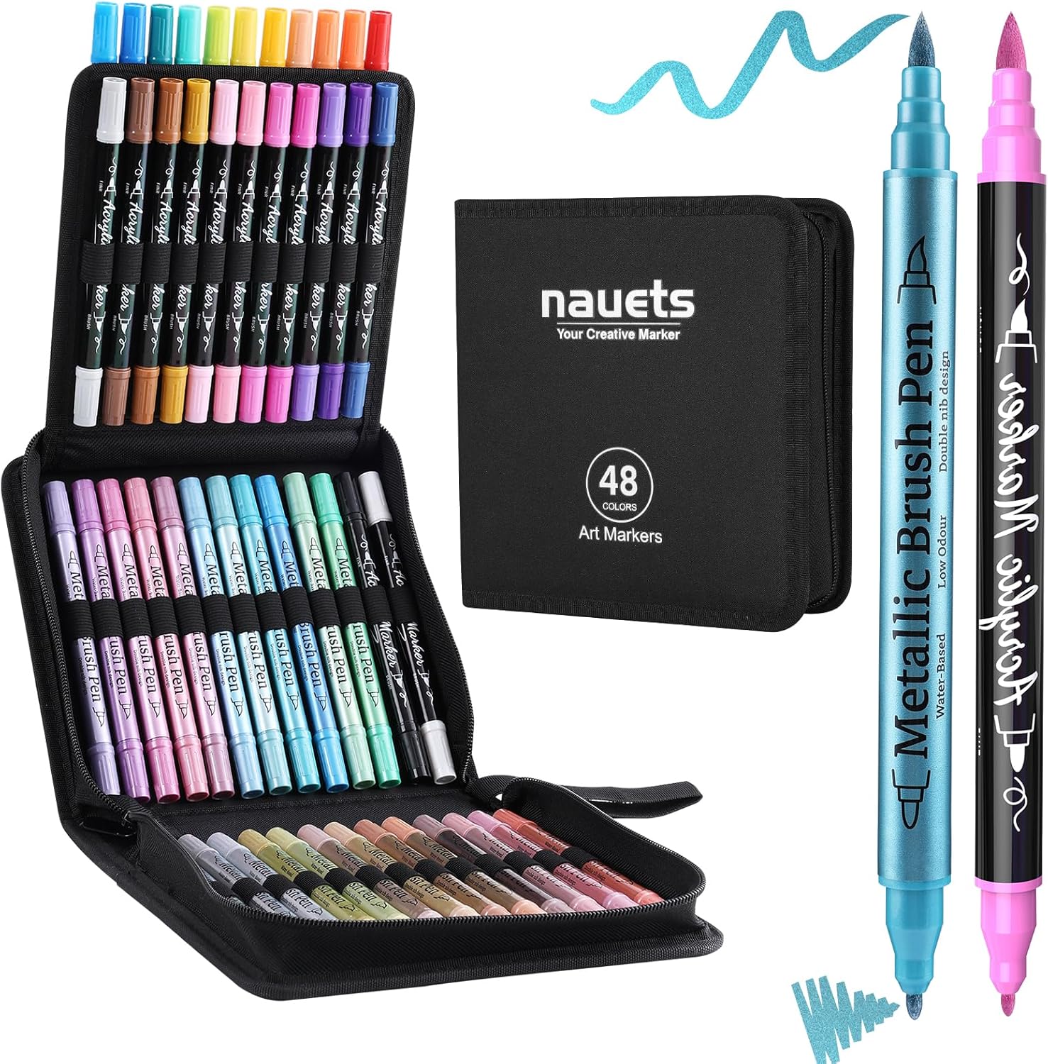 48 Pack Metallic & Acrylic Paint Markers Set - 24 Colors Acrylic + 24 Metallic Markers for Black Paper, Dual Tip Paint Pens with Brush/Fine Tip for Paper, Rock, Wood, Canvas, Glass, Ceramic DIY Crafts
