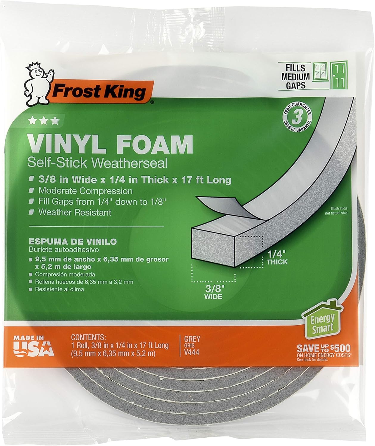 Frost King V734H Vinyl Foam Tape - Closed Cell - Moderate Compression, 3/4" W, 1/2" Thick, 10' L, Grey,Gray