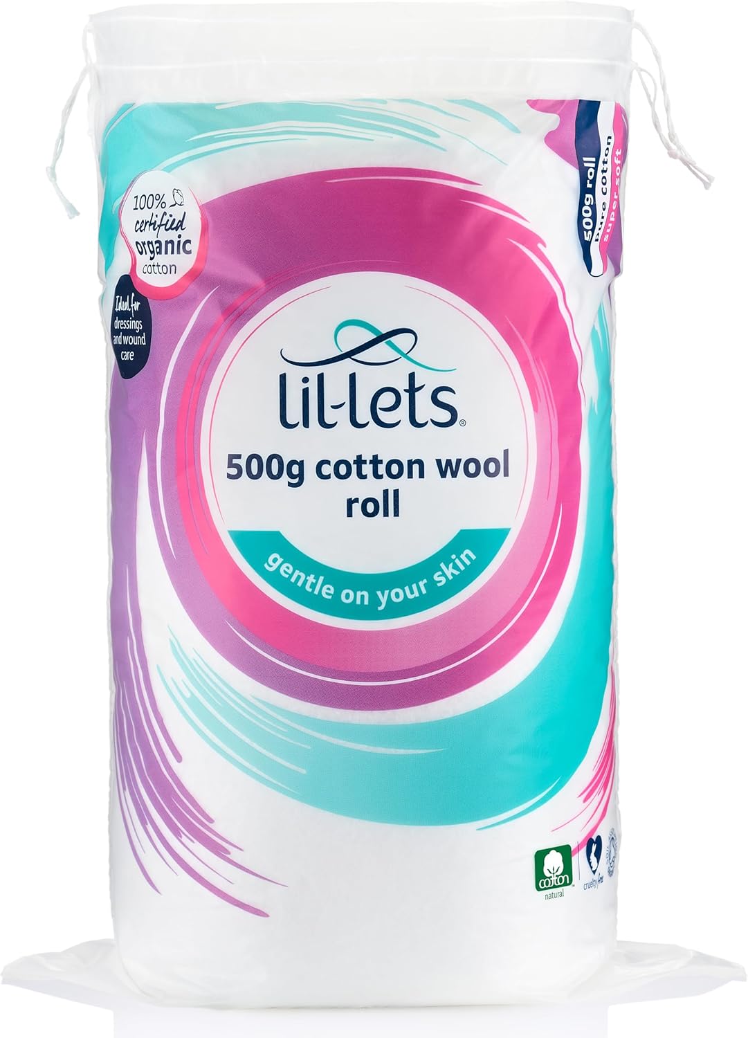 Lil-Lets Cotton Wool Roll, 500g, Certified Organic, 100% Pure Cotton Wool, Super Soft and Absorbent, Gentle on Skin, Dermatologically Tested, for Wound Care and Dressings, Extra Large Pack