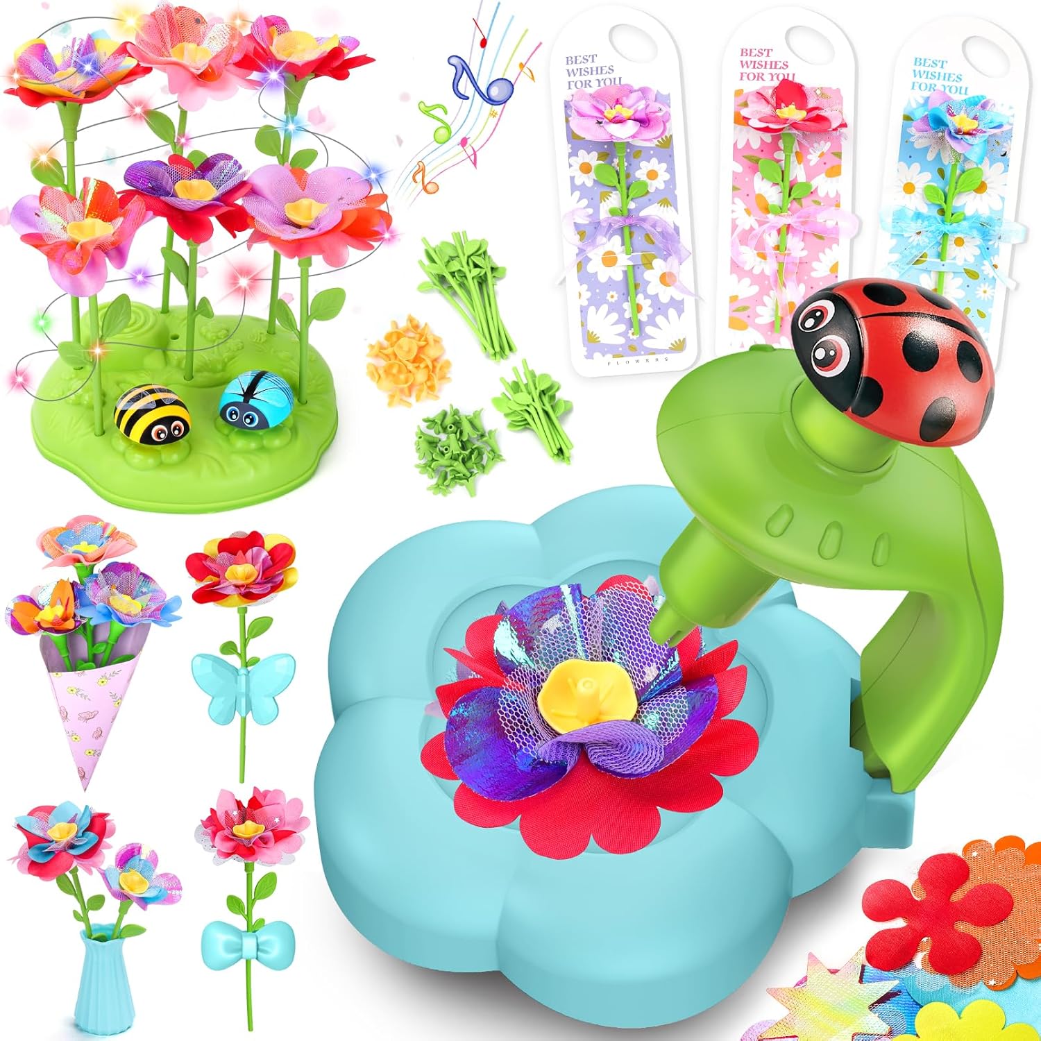 ZippyZoom Arts and Crafts for Kids Ages 4-9 Kit: Toys for Ages 5 6 7 8 9 – Birthday Gifts & Craft Set for Girl Age 3-9 - DIY 30+ Flower Bloom Maker with Music Light Base Vase Fridge Magnets Cards