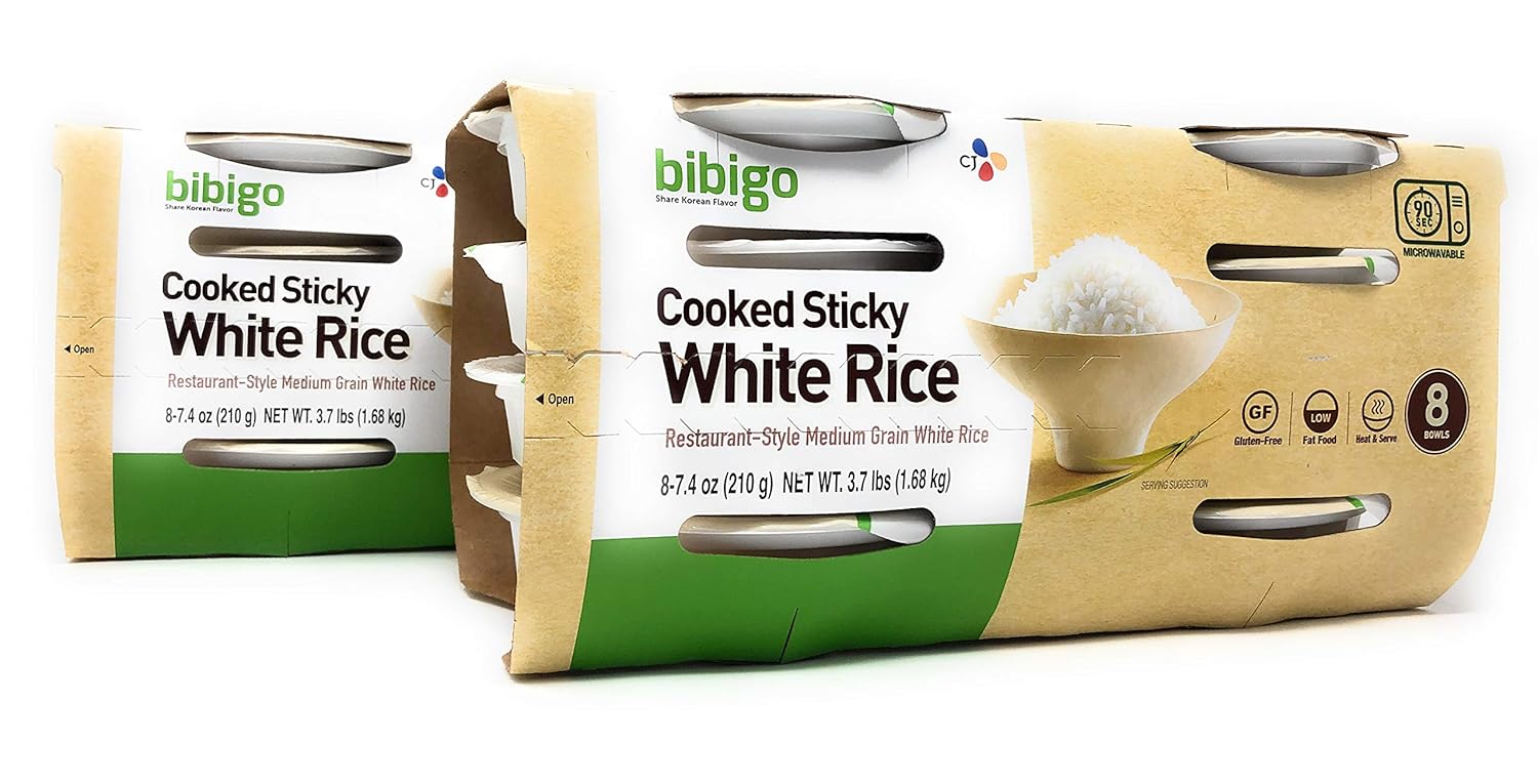 Bibigo Restaurant-Style Cooked Sticky White Rice - Pack of 2 Boxes - 8 Bowls at 7.4 oz each per Box (2 Cases, 16 Bowls Total)
