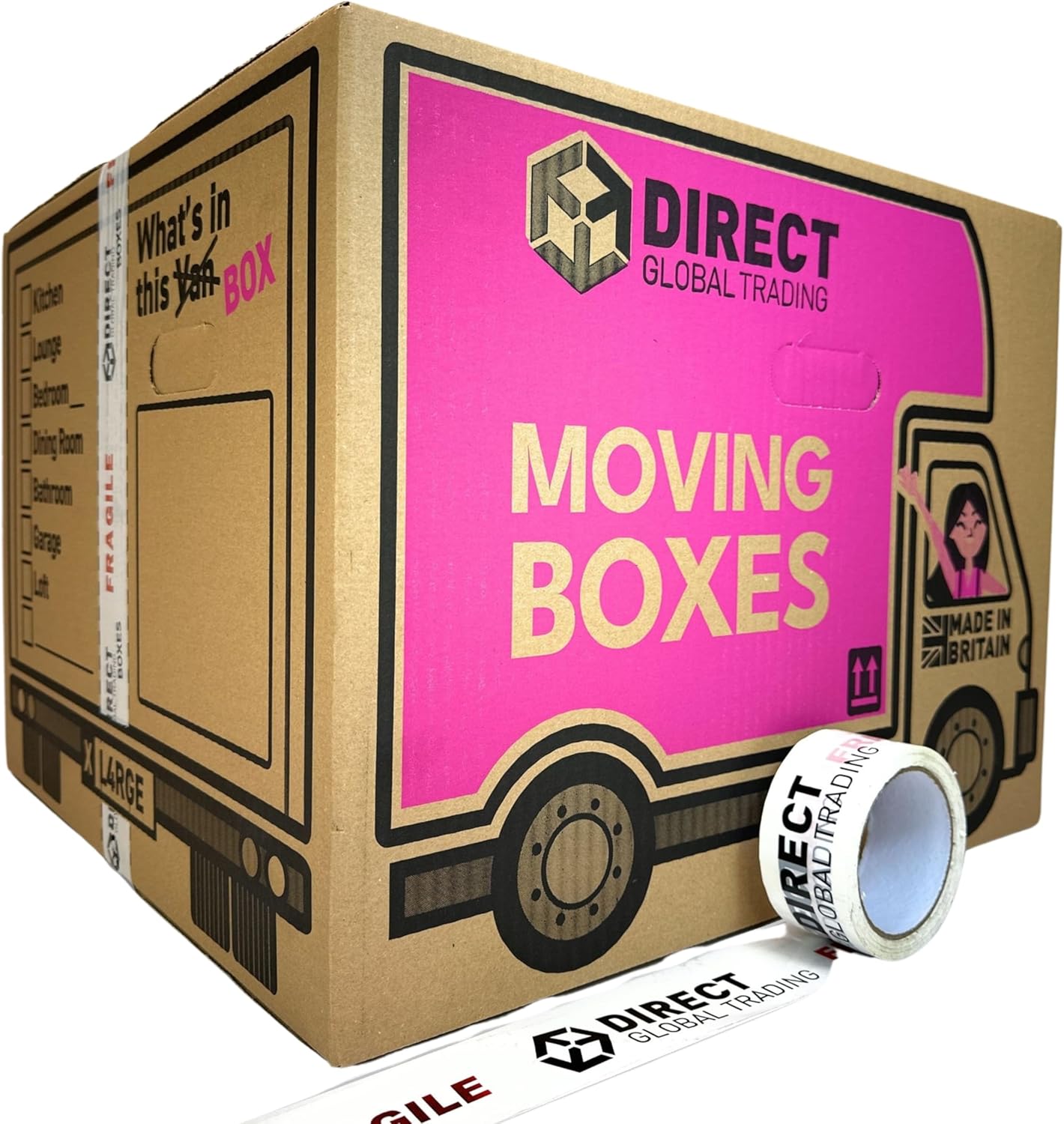 10 Strong Extra Large Cardboard Storage Packing Moving House Boxes with Carry Handles and Room List 66 Metres Fragile Tape 52cm x 52cm x 40cm