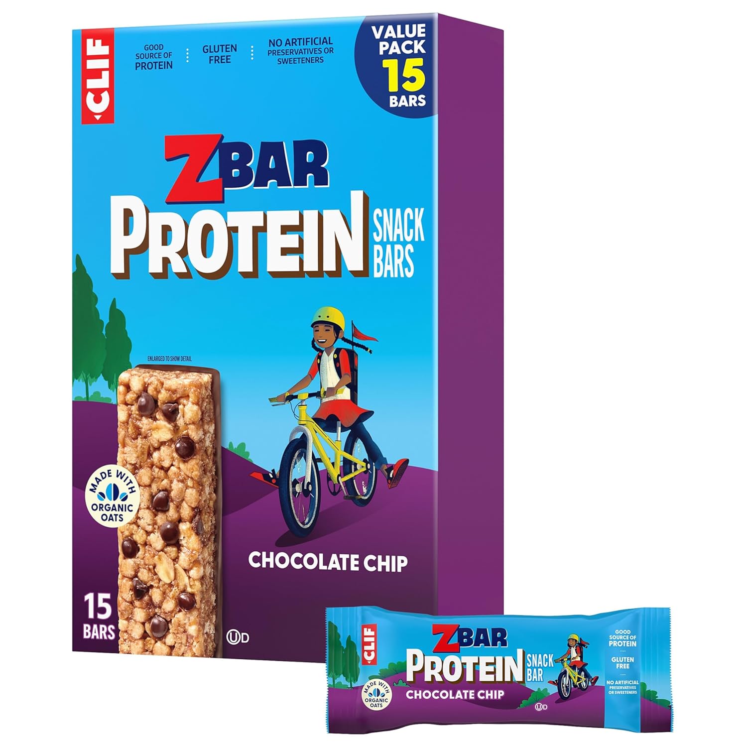 Zbar Protein - Chocolate Chip - Crispy Snack Bars - Made with Organic Oats - Non-GMO - 5g Protein - Gluten Free Protein Bars (15 Pack)