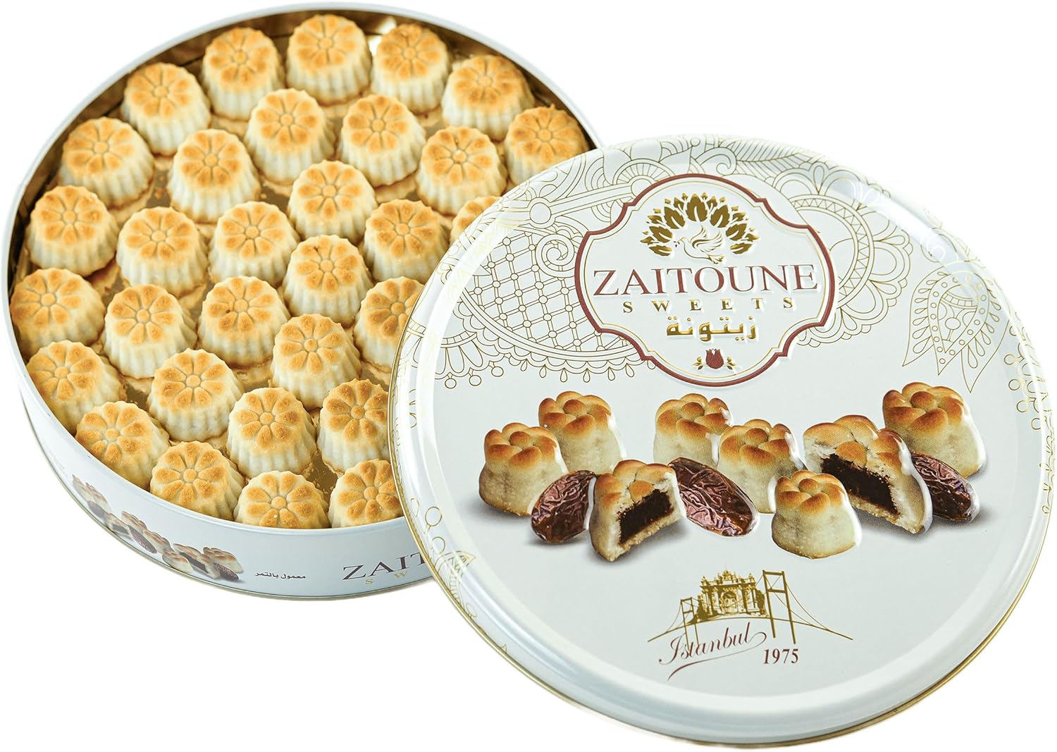 Zaitoune Date Maamoul - 500 g | Middle Eastern Buttery Date Filled Biscuits in a Beautiful Gift Tin | Authentic Luxury Arabic Pastry with Dates | Traditional Recipe & Handmade in Turkey