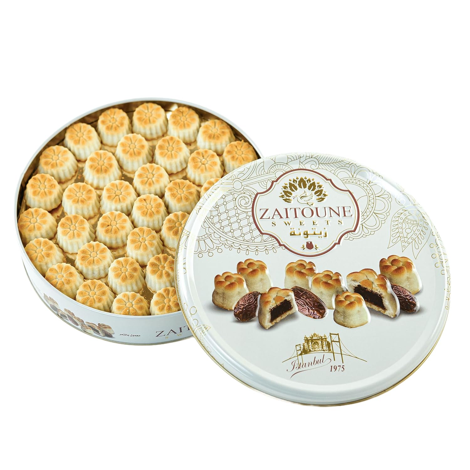 Zaitoune Date Maamoul - 18 oz | Middle Eastern Buttery Date Filled Cookies in a Beautiful Gift Tin | Luxury Authentic Arabic Pastry with Natural Fruit | Traditional Recipe & Handmade in Turkey