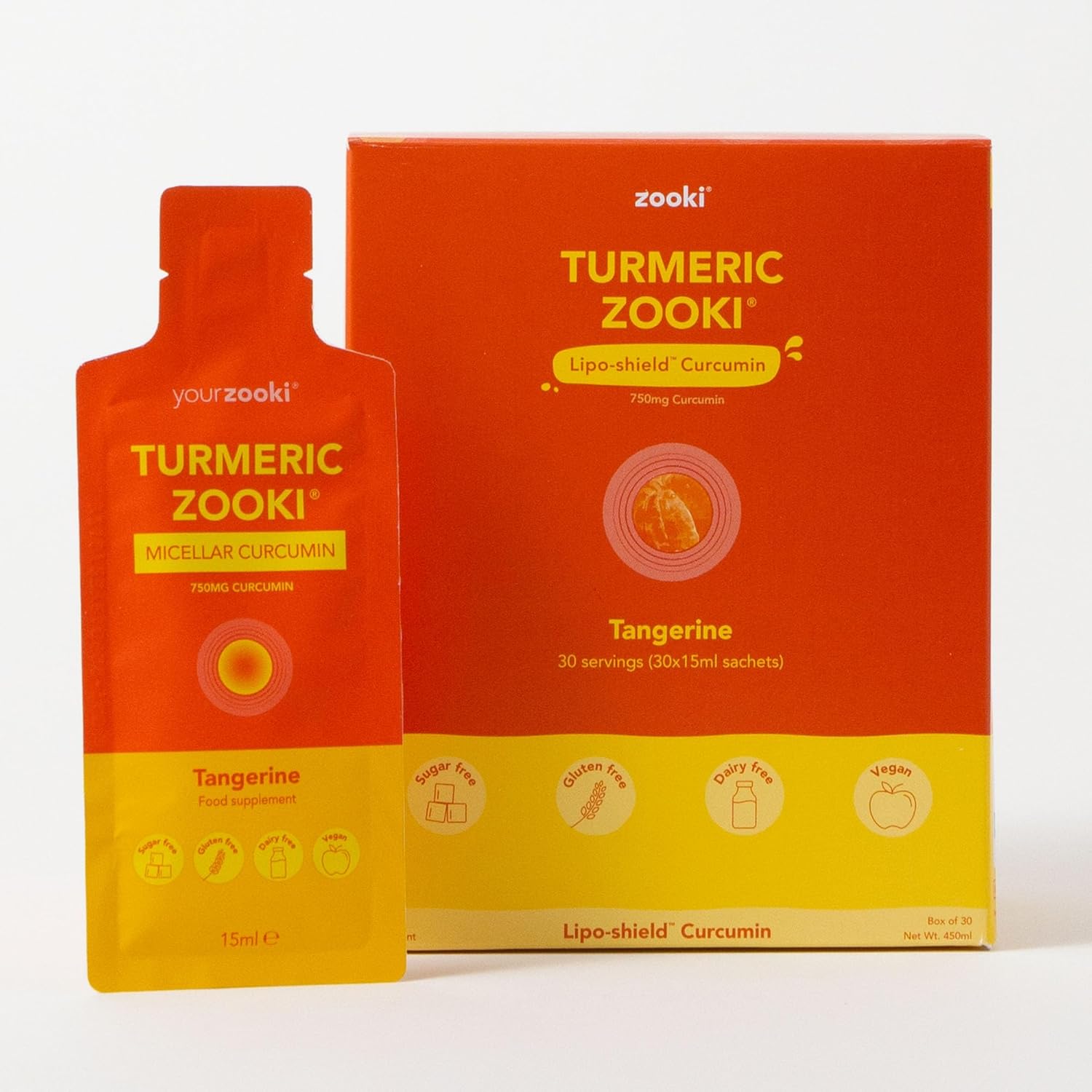 Zooki 750mg Liposomal Curcumin from Turmeric Liquid Sachets | 4X Higher Absorption Clinically Proven | Vegan, Allergen Free, Natural Ingredients | (Tangerine Flavour, 30 Servings)