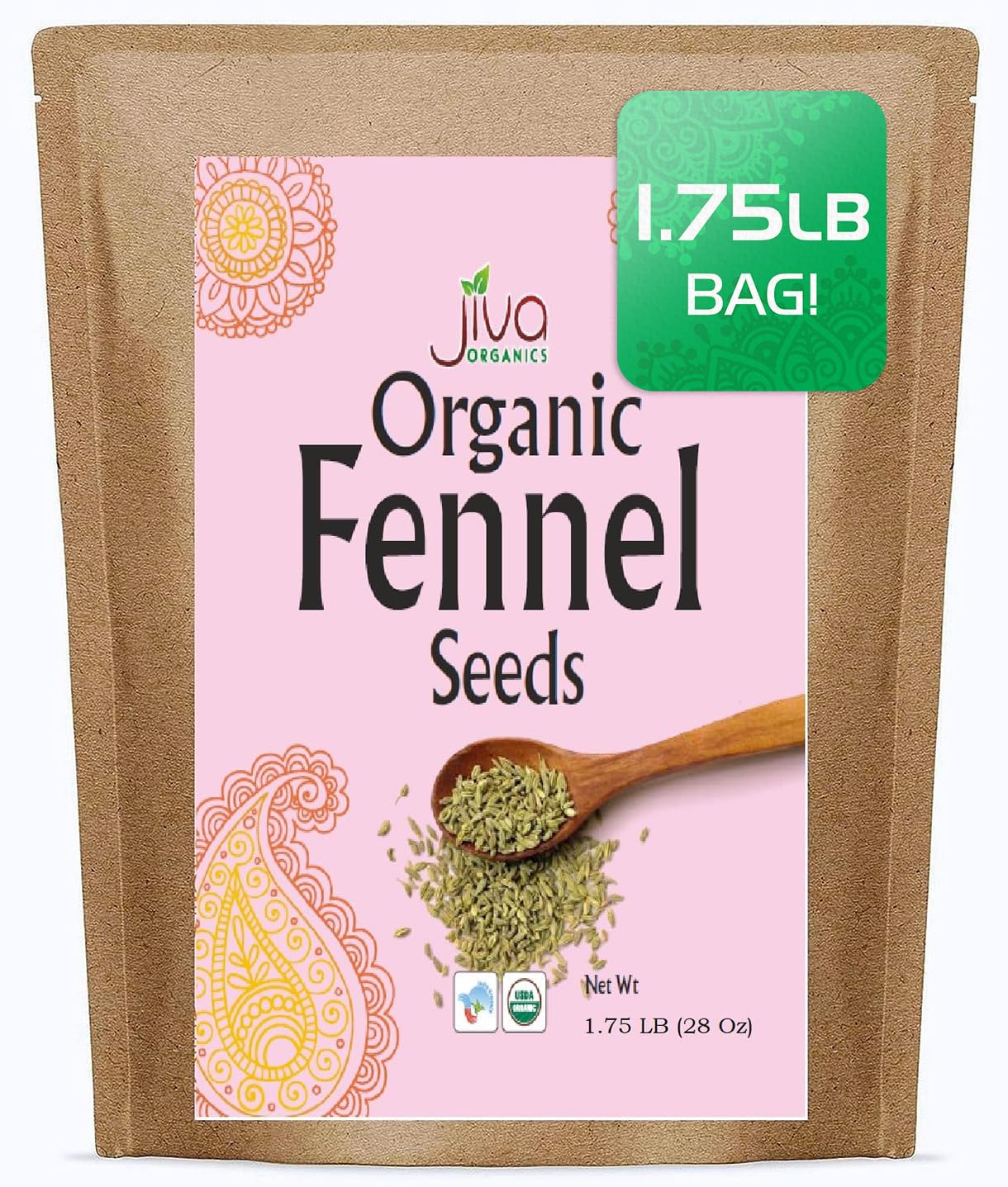 Organic Fennel Seeds 1.75 LB LARGE Bulk Bag - Gluten Free, Non GMO, For Fennel Tea and Cooking - Non Irradiated by Jiva Organics