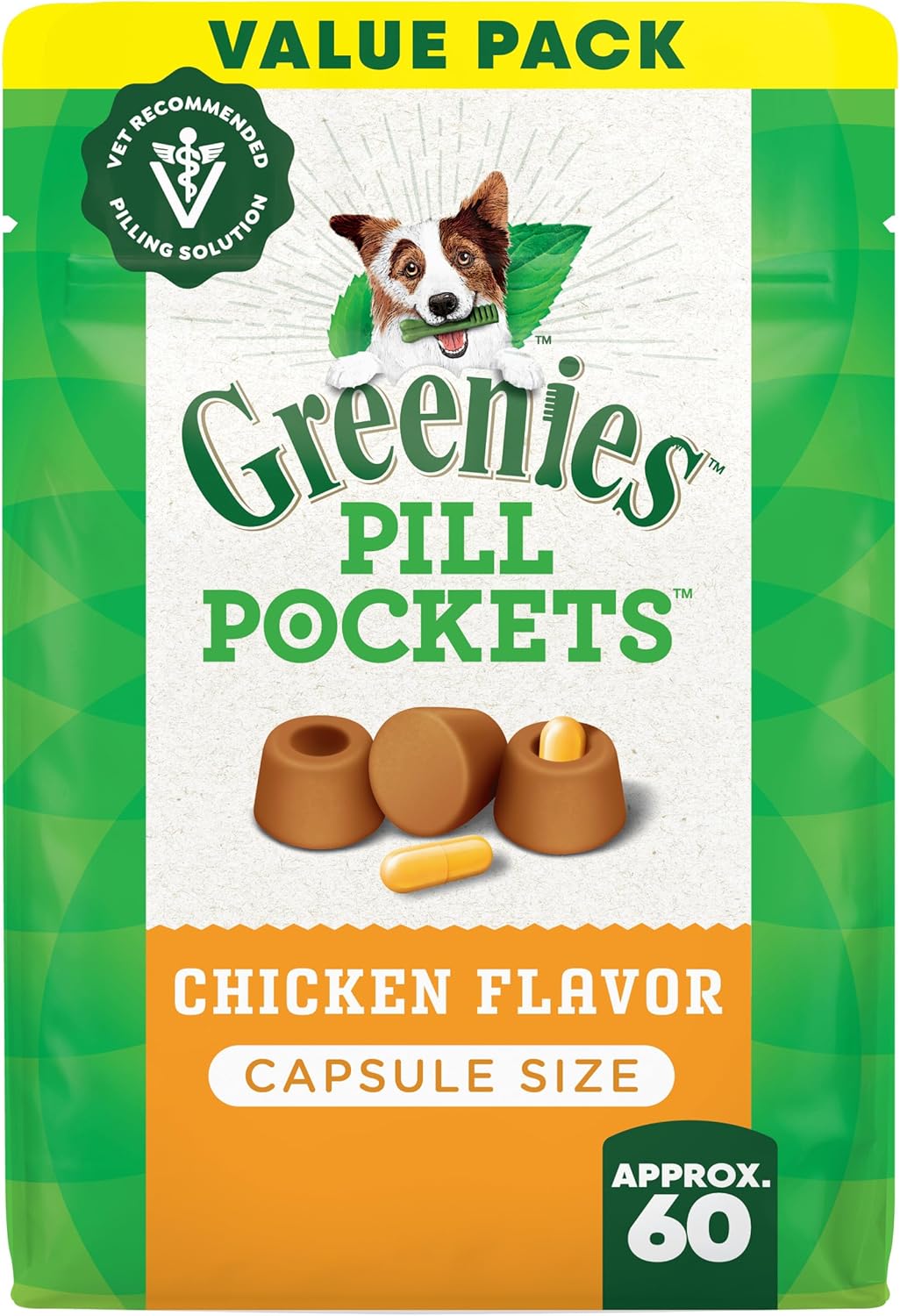 Greenies Pill Pockets for Dogs Capsule Size Natural Soft Dog Treats Chicken Flavor, 15.8 oz. Pack (60 Treats)