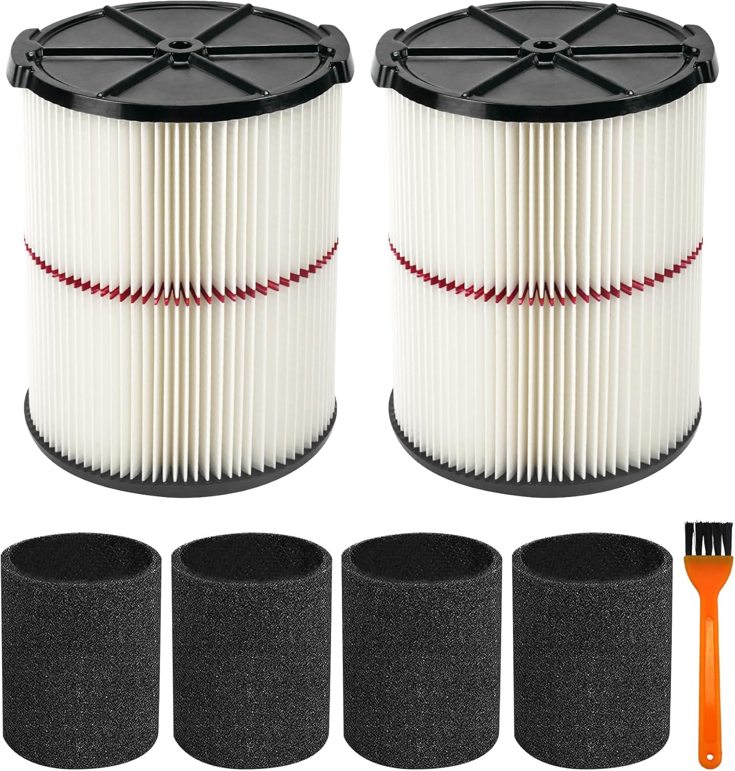 2 Pack 38754 Replacement Filters Fit for Craftsman CMXZVBE38754 fit 5-20 Gallon shop vacuum with 4 Pack Foam Sleeves and 1 Pack Brush