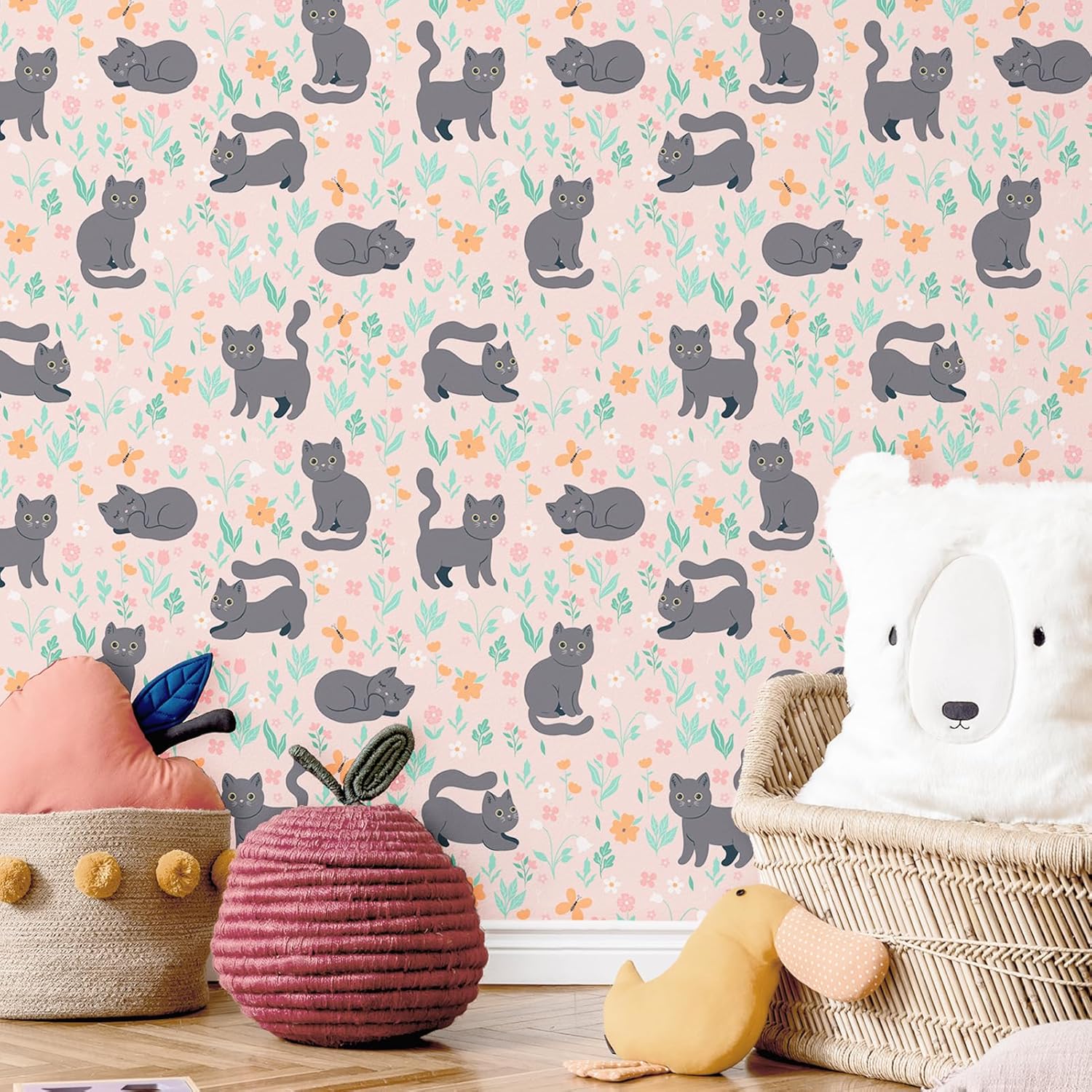 WESTICK Pink Floral Wallpaper Cute Cat Peel and Stick Wallpaper Funny Animal Cat Wall Paper for Nursery Girl's Room Playroom Kitten Floral Contact Paper Self Adhesive Pink Wall Murals 17.5 x 102 in