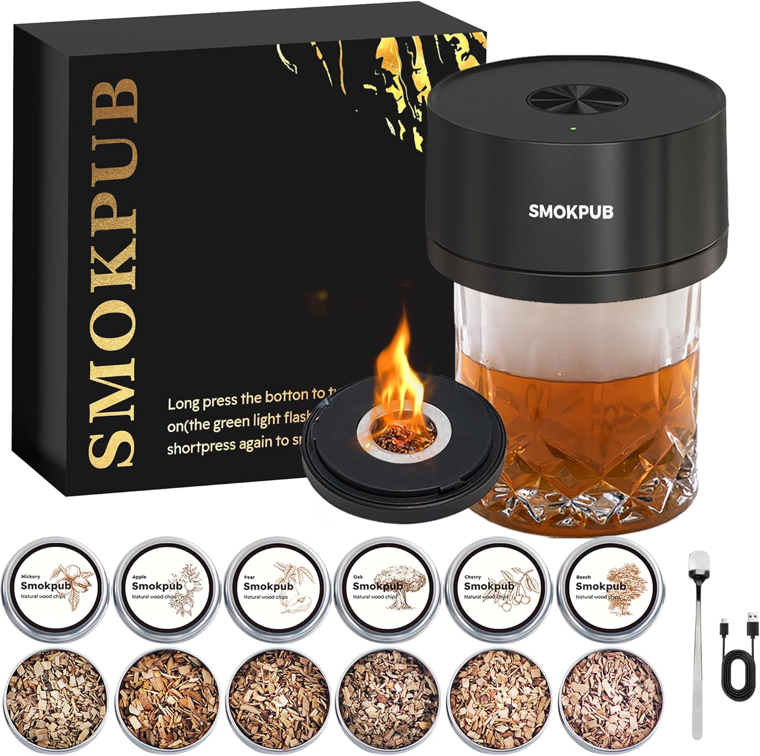 SMOKPUB Electric Whiskey Smoker Kit Built-in Lighter, No Butane Needed, Rechargeable Cocktail Smoker Kit with 6 Wood Chips, Old Fashioned Drink Smoker Kit, Bourbon Whiskey Gifts for Men,Dad,Husband