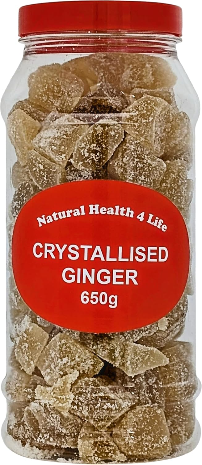 Natural Health 4 Life Crystallised Ginger Chunks 650g - All Natural, Vegan, Gluten-Free, Plant-Based Ginger Sweets for Nausea, Digestion, Baking, Cooking & Snacking - Sealed Gift Jar (1 Jar)
