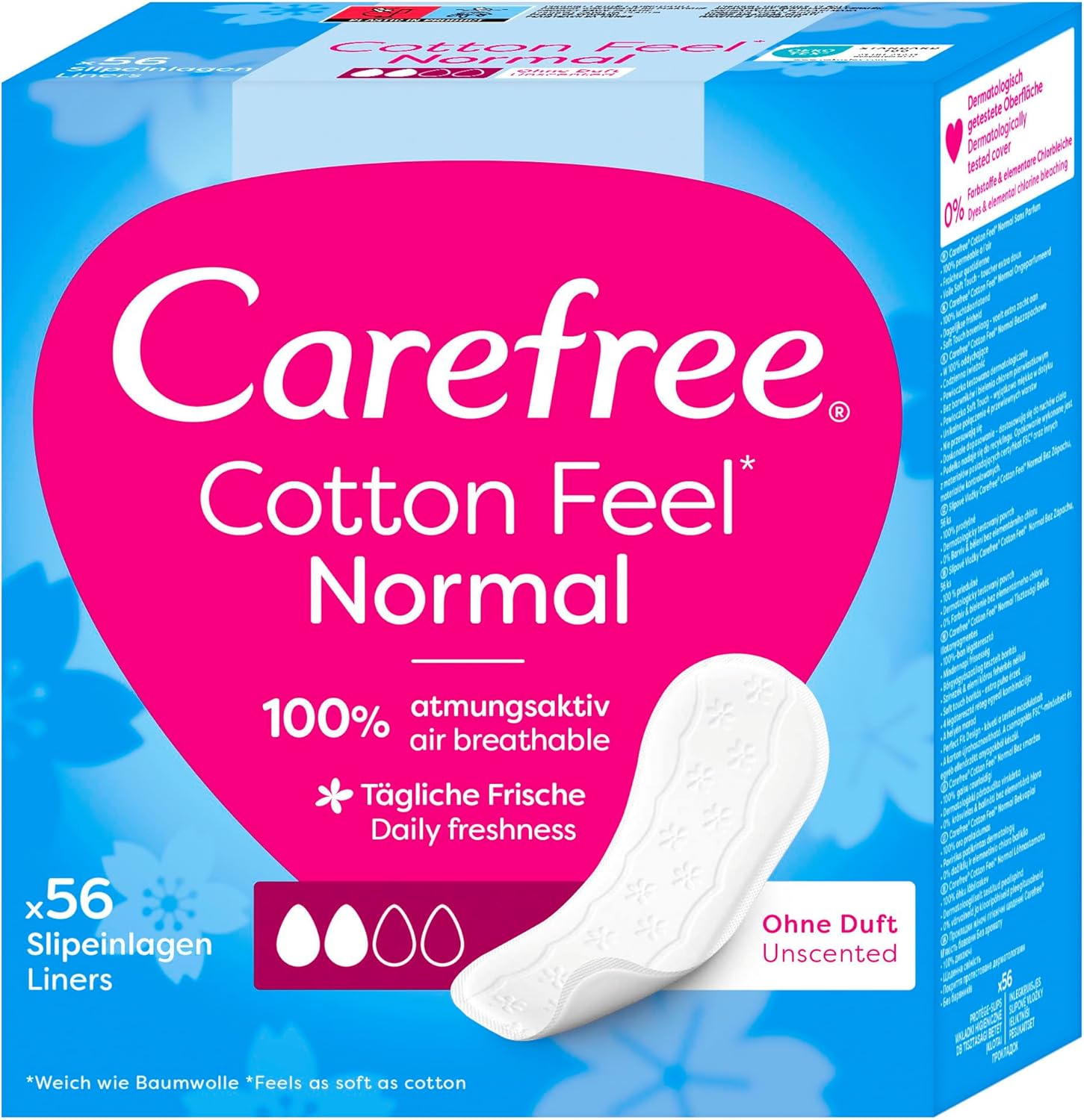 Carefree Cotton Unscented Panty Liners (1x Pack of 56), Soft and Comfortable Panty Liners for Women for Daily Use, Long-Lasting Freshness, 100% Breathable Underwear Protection