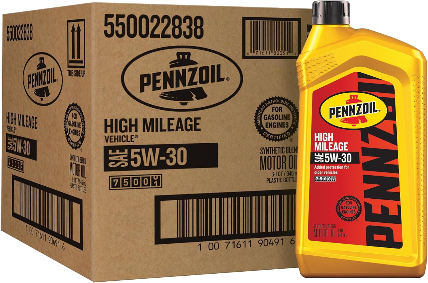 Pennzoil High Mileage 5W-30 Motor Oil, 1 Quart (6 Pack)