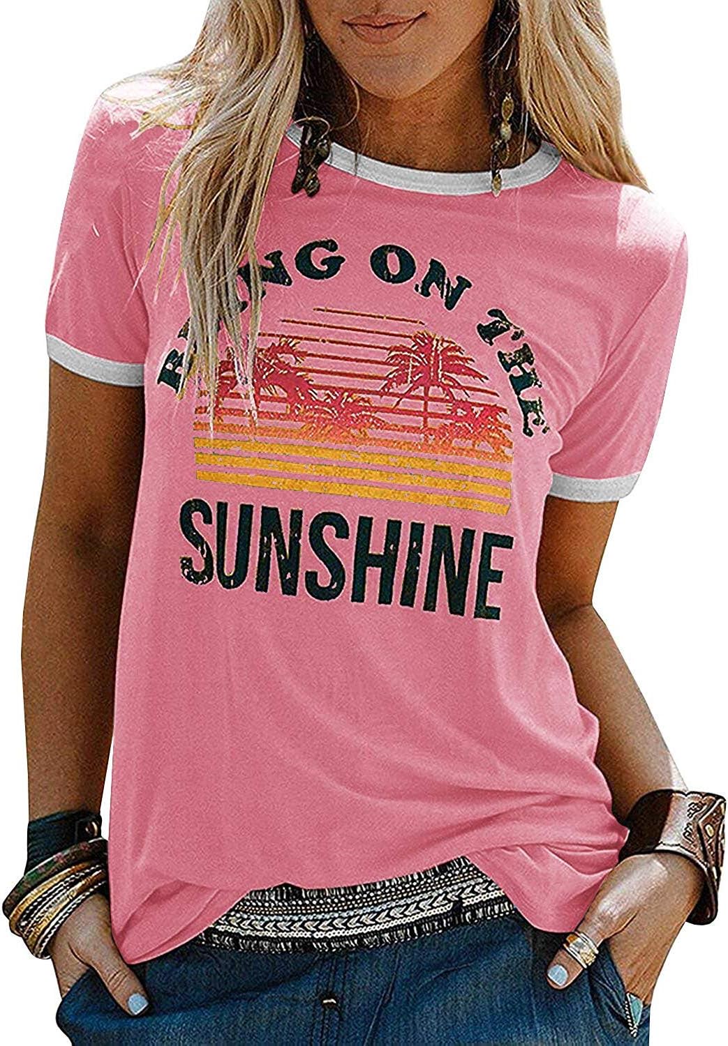 Dresswel Women Bring On The Sunshine T-Shirt Rainbow Graphic Print Short Sleeve Crew Neck Tee Tops Ladies Summer Shirts