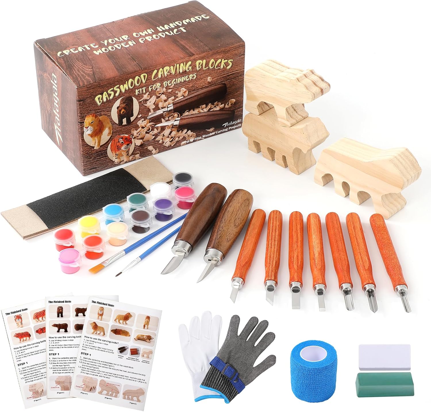 Trafagala Wood Carving Kit Wild Animals - Whittling Kit for Beginners Adults Kids,Wood Carving Tools Set with Whittling Knife and K2 Carbon Steel Wood Carving Knife and 3Pcs Big Basswood Blocks