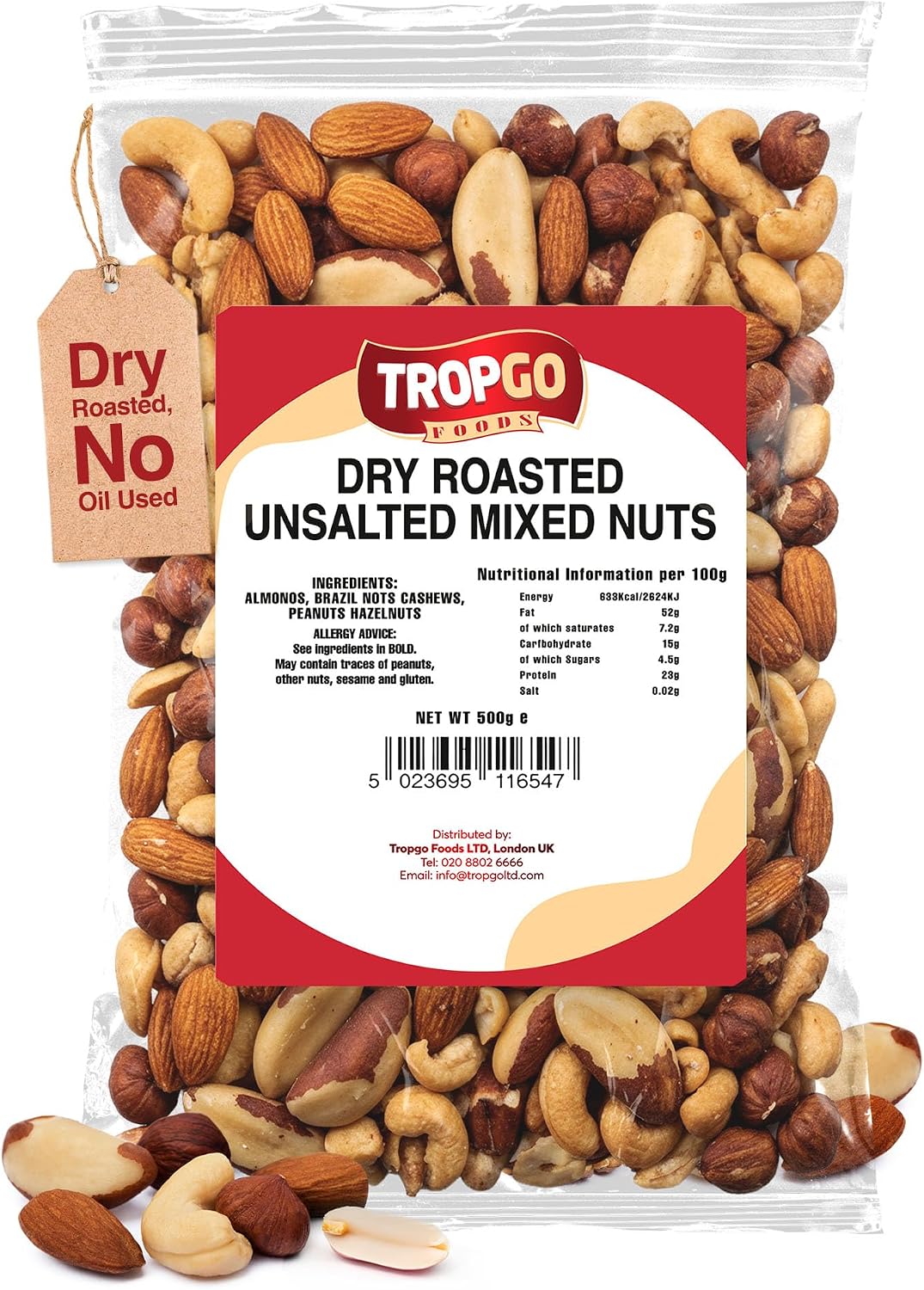 Tropgo Roasted Mixed Nuts Unsalted 500g - Dry Roasted, No Oil Used, Nut Snacks with Fibre, Protein and Minerals - Perfect for Snacking, Includes Almonds, Brazil, Cashews, Peanuts, & Hazelnuts