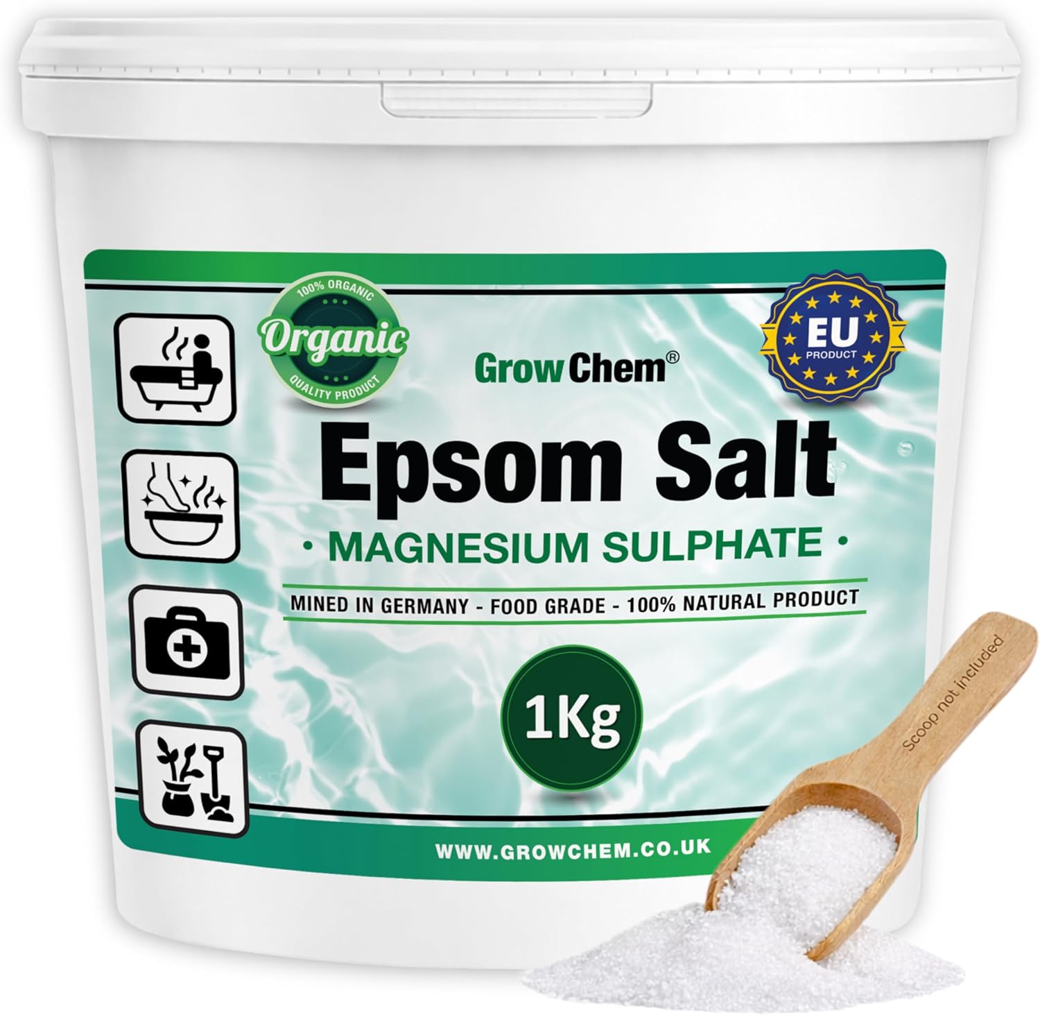 Grow Chem Natural Epsom Salts (1KG Bucket) – Pure Food Grade Magnesium Sulphate Mineral, 100% Natural Salts Mined in Germany - for Health, Detoxification, Muscle Relief, Exfoliating & Gardening