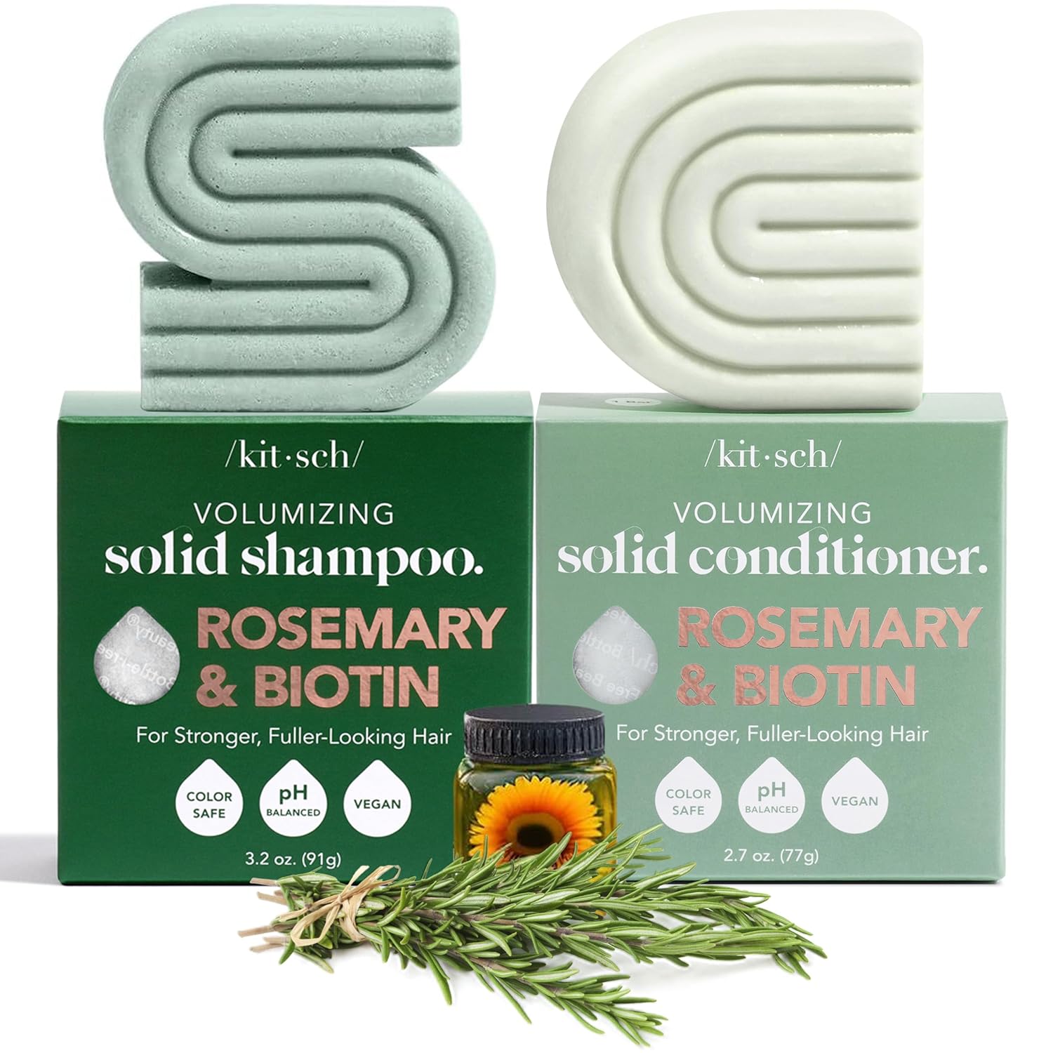 Kitsch Rosemary & Biotin Shampoo and Conditioner Set for Hair Growth - Strengthening, Thickening & Volumizing Shampoo and Conditioner Bar - Paraben, Sulfate & Silicone Free - Made in USA - 2 pack