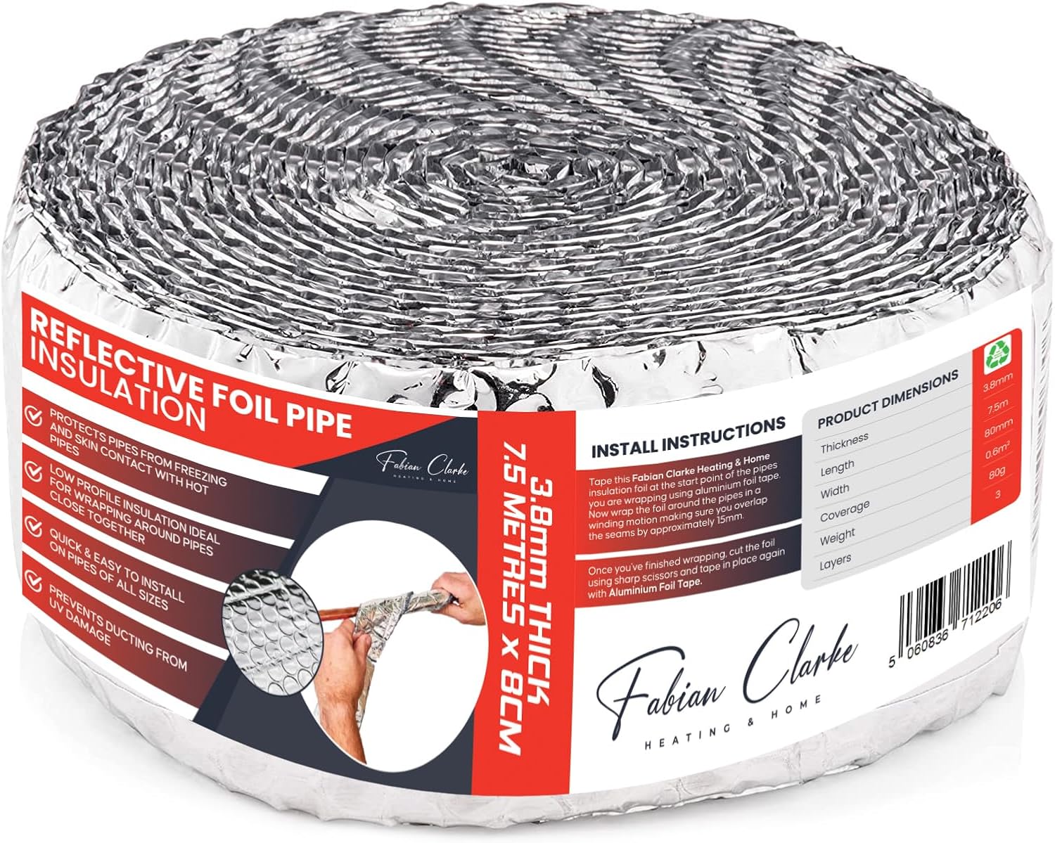 Pipe Lagging Foil Insulation Wrap 7.5m x 80mm - Thermal Energy Saving for Internal or External Pipe and Duct Insulation