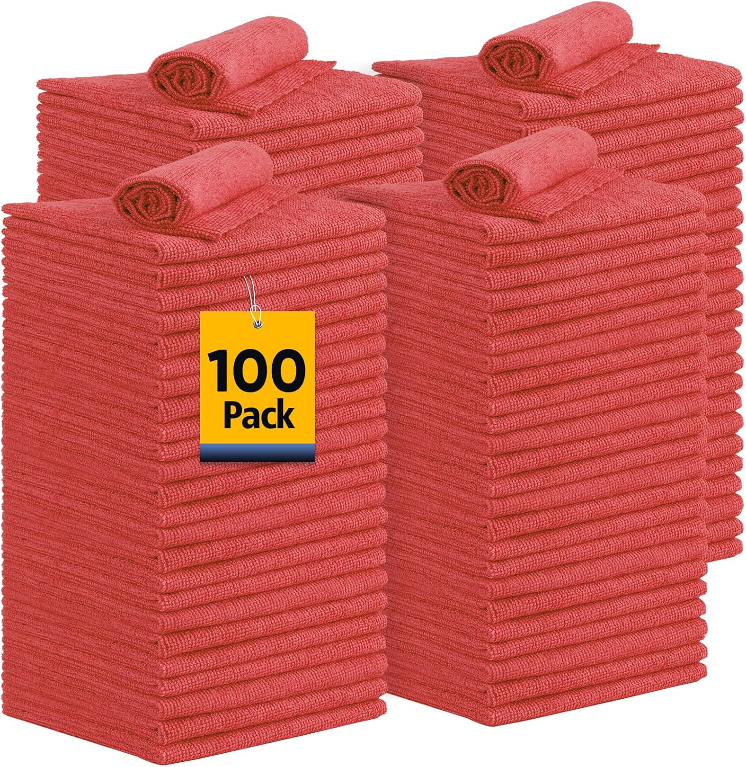 Shop Towels, 100 Pack Commercial Grade Work Rags Microfiber Towels for Cars Cleaning Rag Bulk Detailing Cloth for Automotive Bar Mechanic Restaurant Garage Housekeeping, 11.5"x 11.5", Red