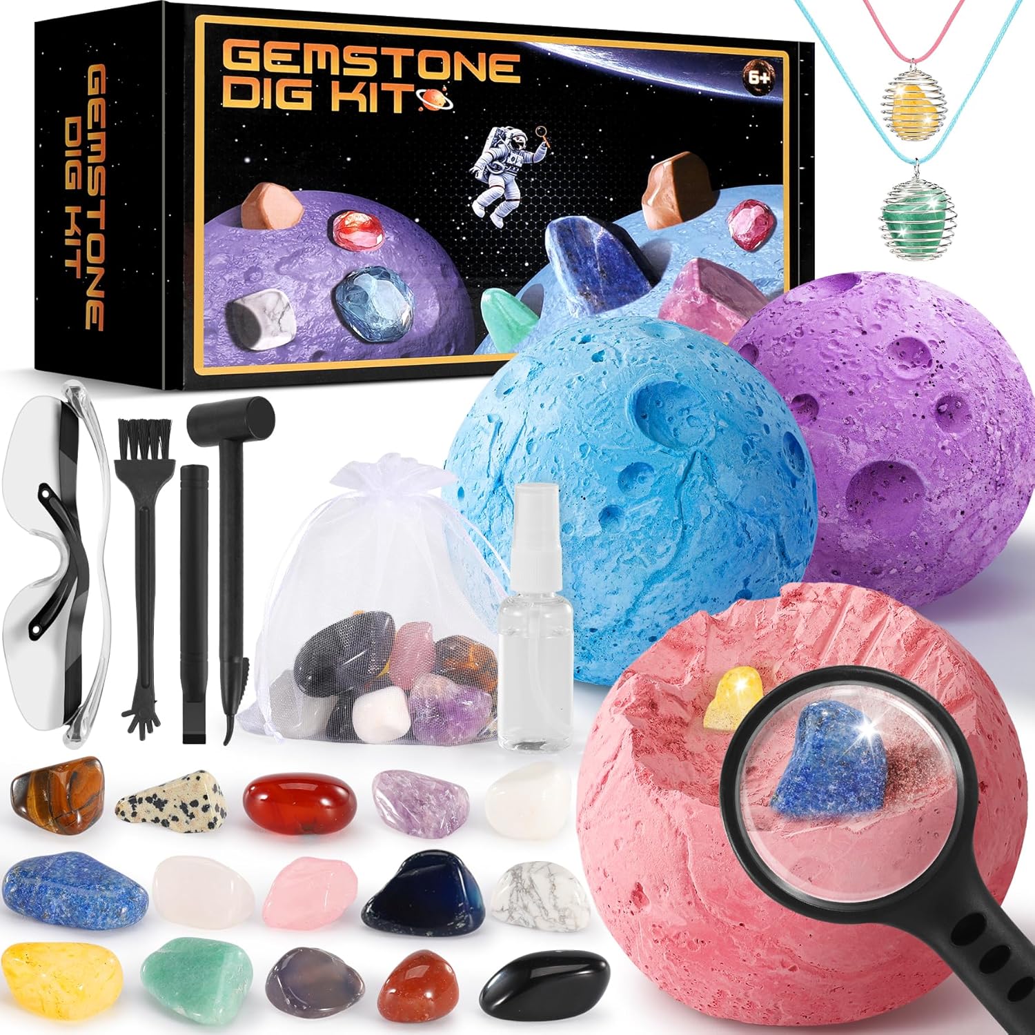 Perbabe Gemstone Dig Kit, Making Necklace Science Kits Dig Up Real Gems and Crystals STEM Geology Educational Excavation Kit for Kids Age 6+ Space Toys Gift with Gems, Crystals & Rocks, Spray Bottle