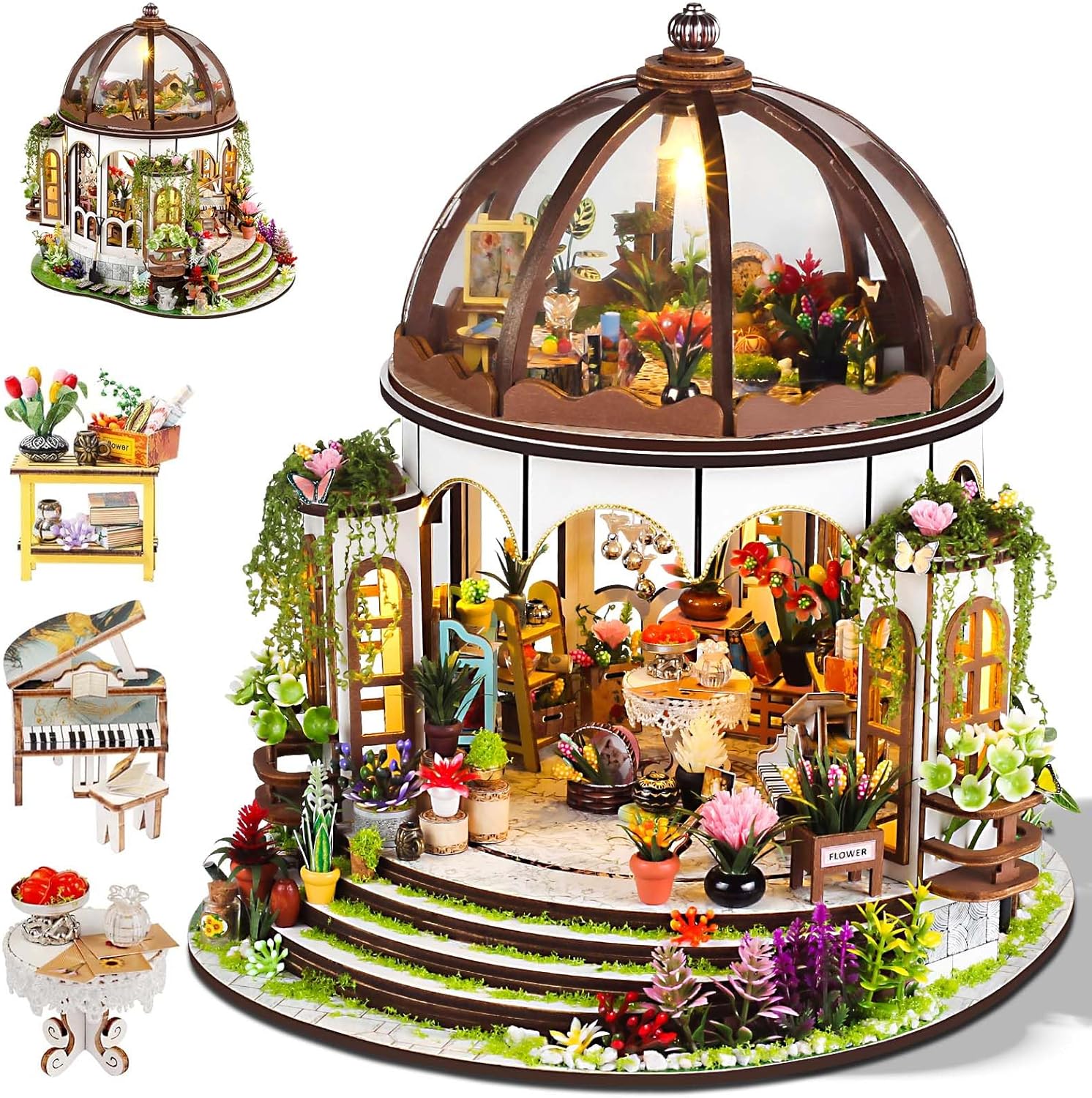 OurMiao Miniature House Kit Hanging Garden, DIY Miniature Dollhouse Kit for Adults with Furniture & LED Lights, Wooden Craft Gifts for Adults Women Teens