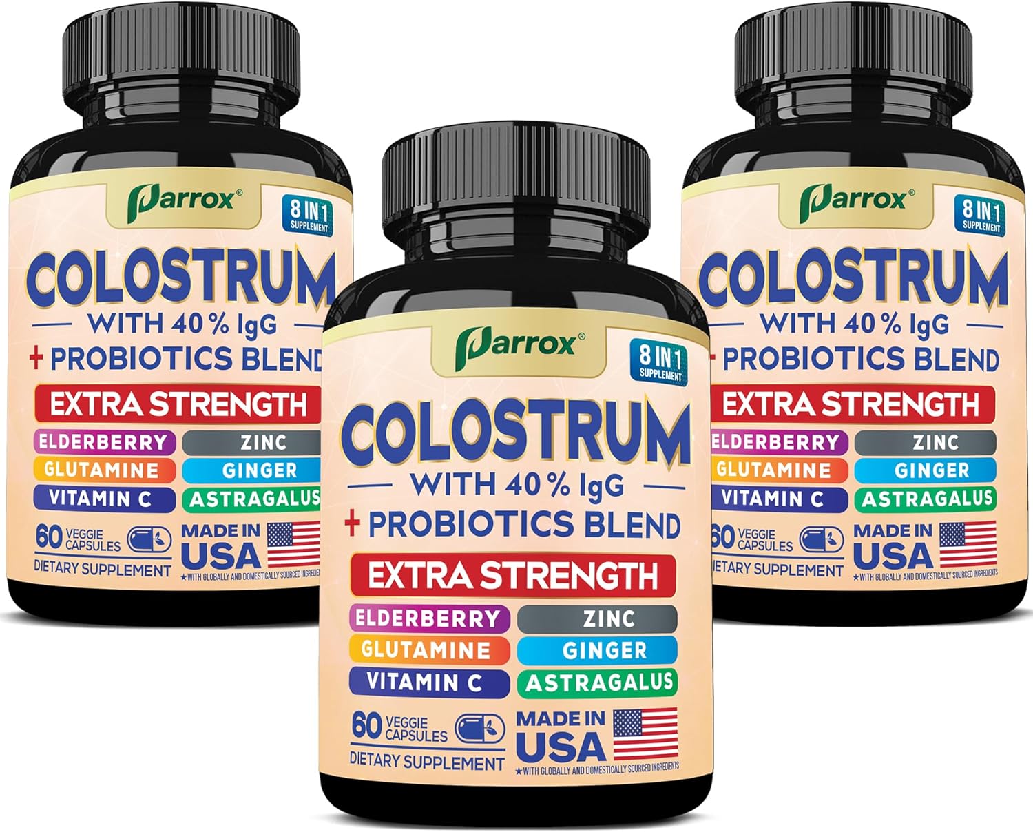 Colostrum Supplement Capsule, Grass Fed Cow Colostrum with 40% IgG, Probiotics Blend, Elderberry, Astragalus, Zinc, Ginger, Vitamin C, L-Glutamine, 8 in 1 Extra Strength Bovine Boost (180 Caps)