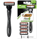 BIC Flex 4 Refillable Razors for Men, Long-Lasting 4 Blade Razors for Sensitive Skin, 1 Handle and 4 Cartridges, 5 Piece Shaving Gift Set