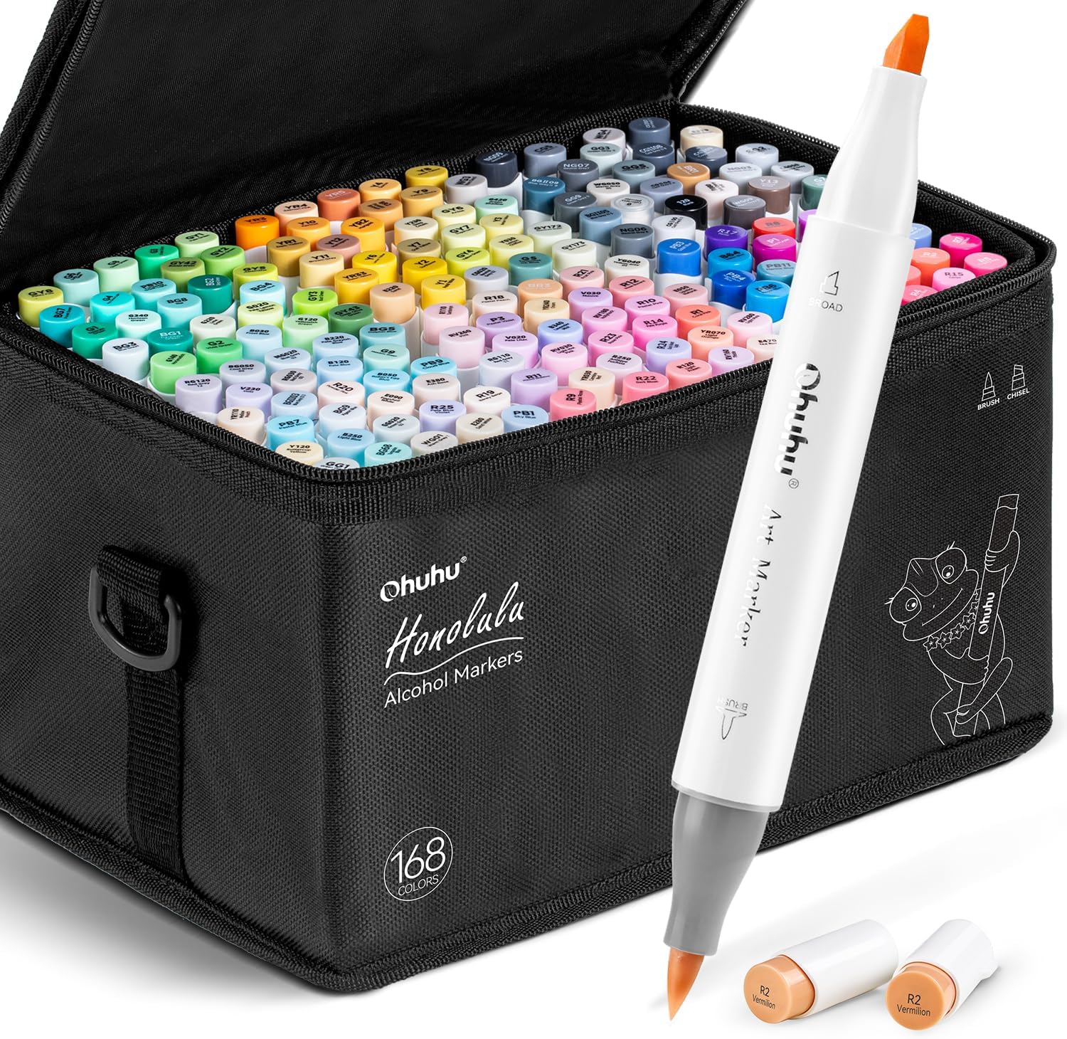 Ohuhu Alcohol Markers Brush Tip - 168-color Art Marker Set Double Tipped Alcohol-based Markers for Artist Adults Coloring Illustration- Brush & Chisel - Honolulu - Refillable Ink