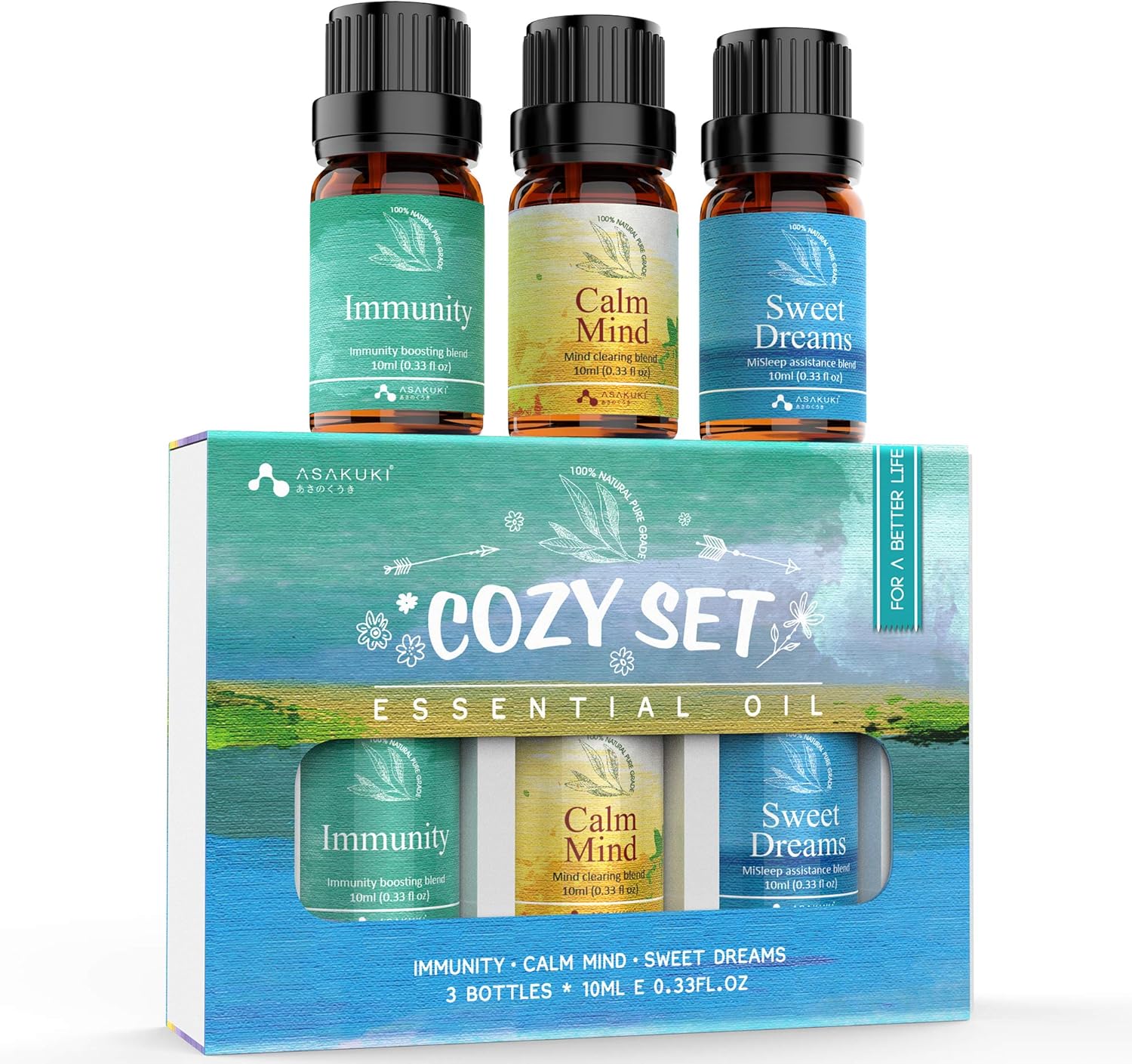 ASAKUKI Essential Oils Set, Aromatherapy Diffuser Oils Blends, 100% Natural Fragrance for Calm Mind, Sweet Dreams, Immunity, The Little Box of Cozy Gift Set 3x10mL