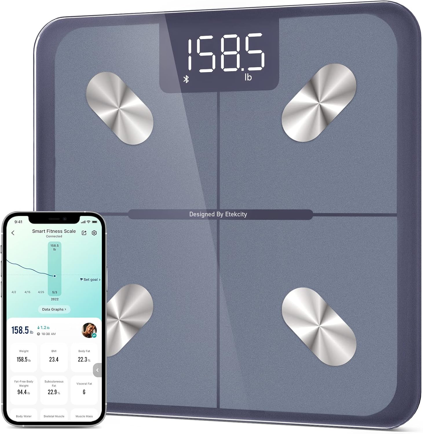 Etekcity Smart Scale for Body Weight and Fat Percentage, Digital Bathroom Accurate Weighing Machine for People's BMI Muscle, Bluetooth Electronic Body Composition Monitor Syncs with App, 400lb