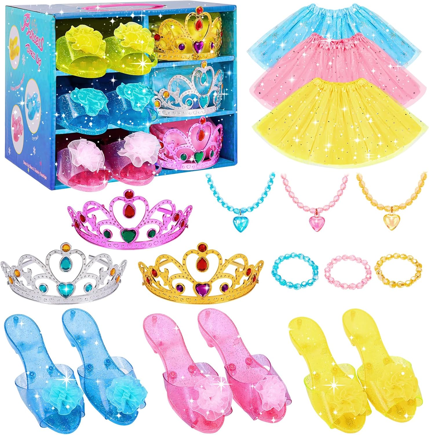 MELAND Princess Dress Up Shoes - 3 Set Girls Princess Costumes with Crowns Tiaras, Princess Shoes, Accessories for 3 4 5 6 Year Old Girls Toys Birthday Gifts