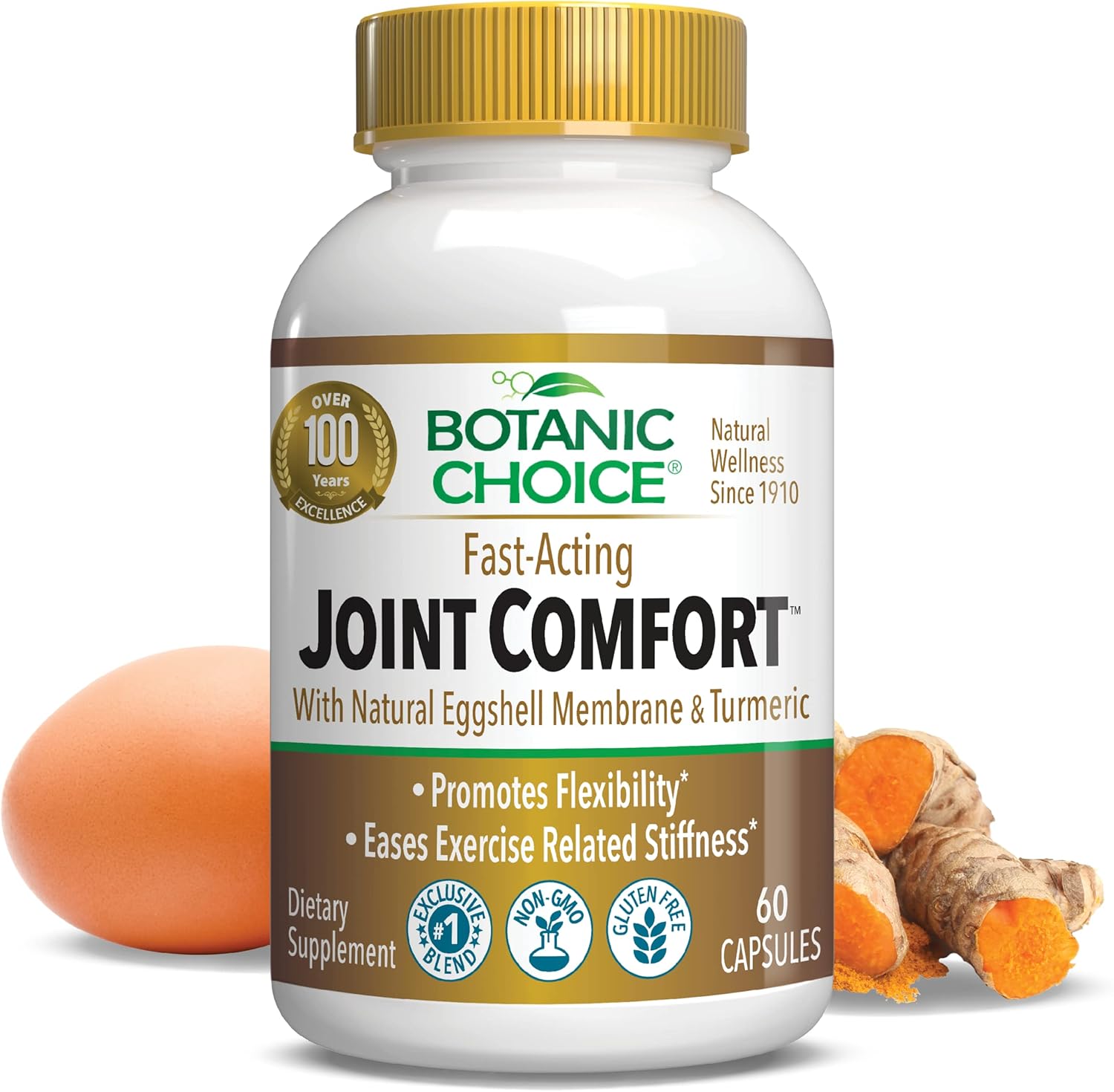 Botanic Choice Fast-Acting Joint Comfort with NEM Natural Eggshell Membrane, Turmeric Curcumin, Bioperine, & White Willow Bark, Supports Joint Health, 60 500mg Capsules