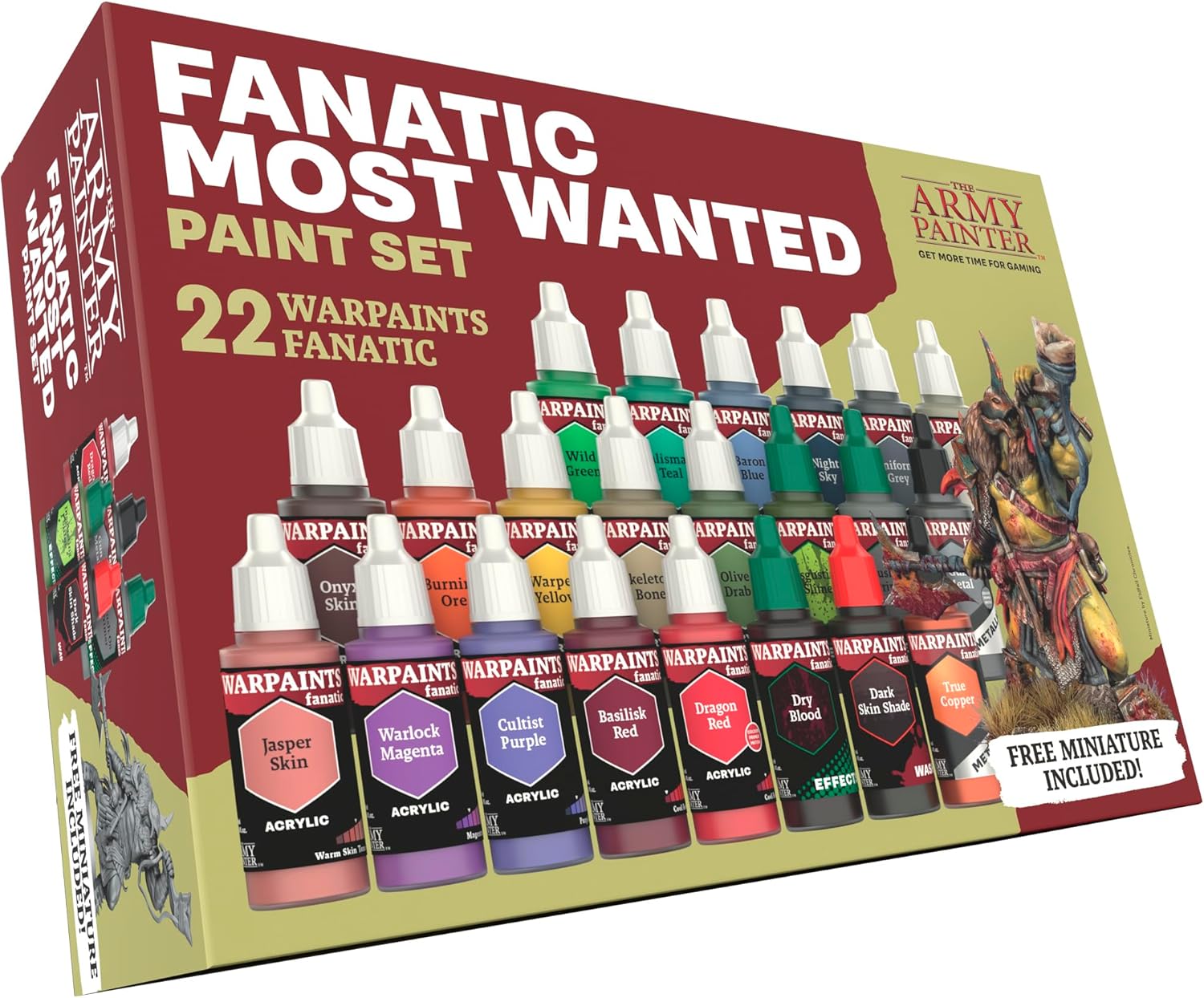 The Army Painter, Warpaints Fanatic Most Wanted Paint Set, 22 x 18ml Acrylic Paint incl. Skin Tones, Metallics, Effects, 1 Wash, Primer & 1 Miniature - Miniature Paint for D&D & Warhammer Miniatures