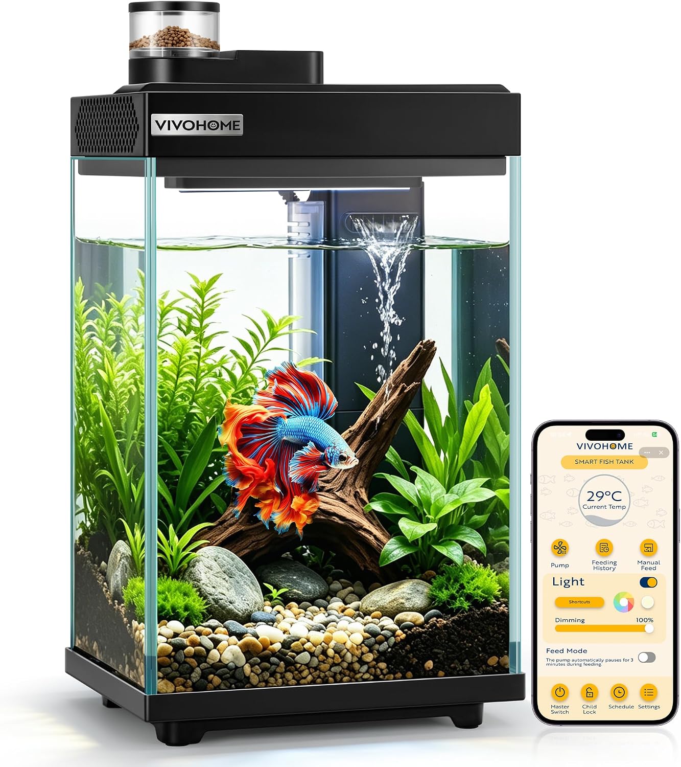 VIVOHOME 9.5L Glass Fish Tank Starter Kit Smart Aquarium with Auto Feeder