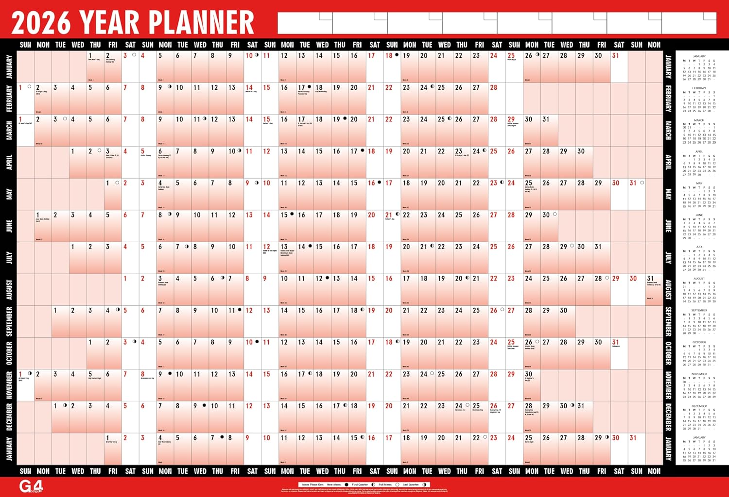 G4GADGET 2026 Year Wall Planner A1 - Large 85cm x 58cm Laminated Calendar, Unmounted with Stickers and Dry Wipe Pen, Ideal for Office, Home, School, Academic & Business Planning