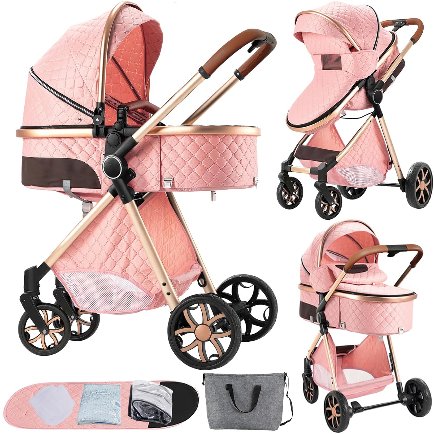 2 in 1 Baby Stroller Reversible Portable Standard Stroller Convertible Pushchair Infant Buggy Baby Carriage Foldable High Landscape Pram for Toddler Newborn (225 Pink)