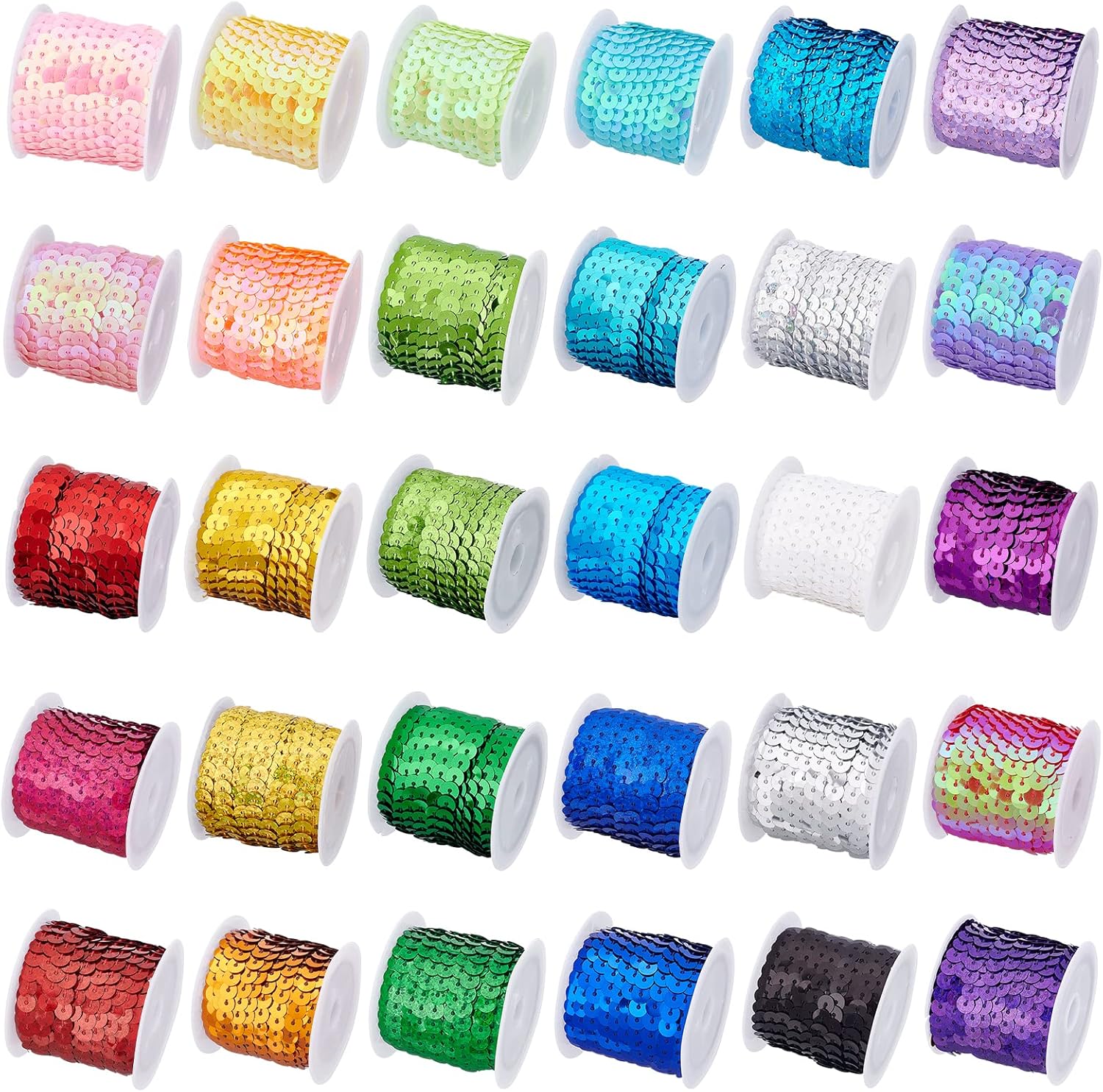 PH PandaHall 30 Color Flat Sequin Strip 6mm Spangle Flat Sequins Paillette Trim String Sequins Ribbon Metallic Shiny Trim Sewing String for Mermaid Costume Crafts Embellishments (150 Yards)