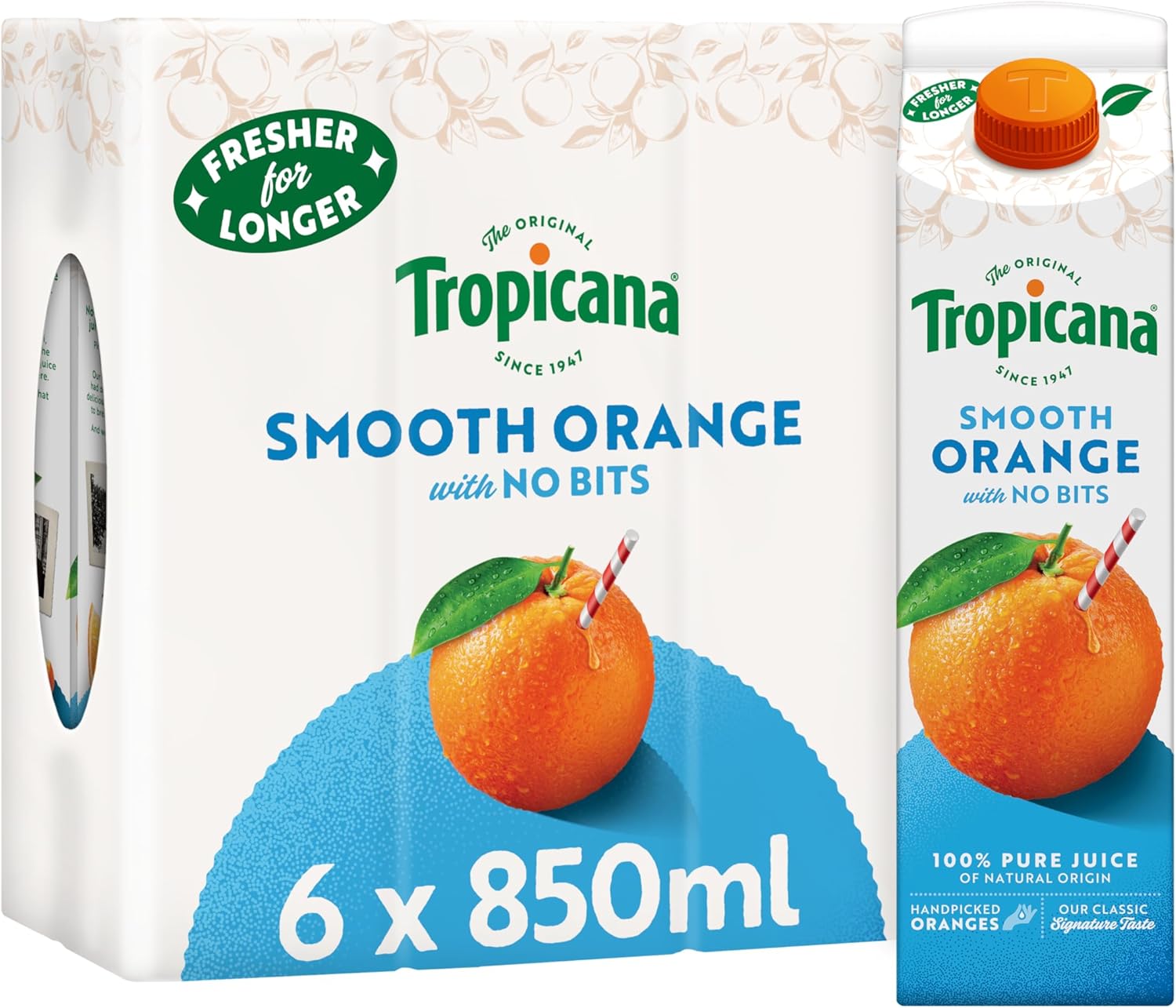 Tropicana - Orange Fruit Juice with No Bits - Long Life Pure Orange Juice, No Added Sugar, No Added Artificial Flavours, with Vitamin C - Breakfast Drink - 6 x 850ml