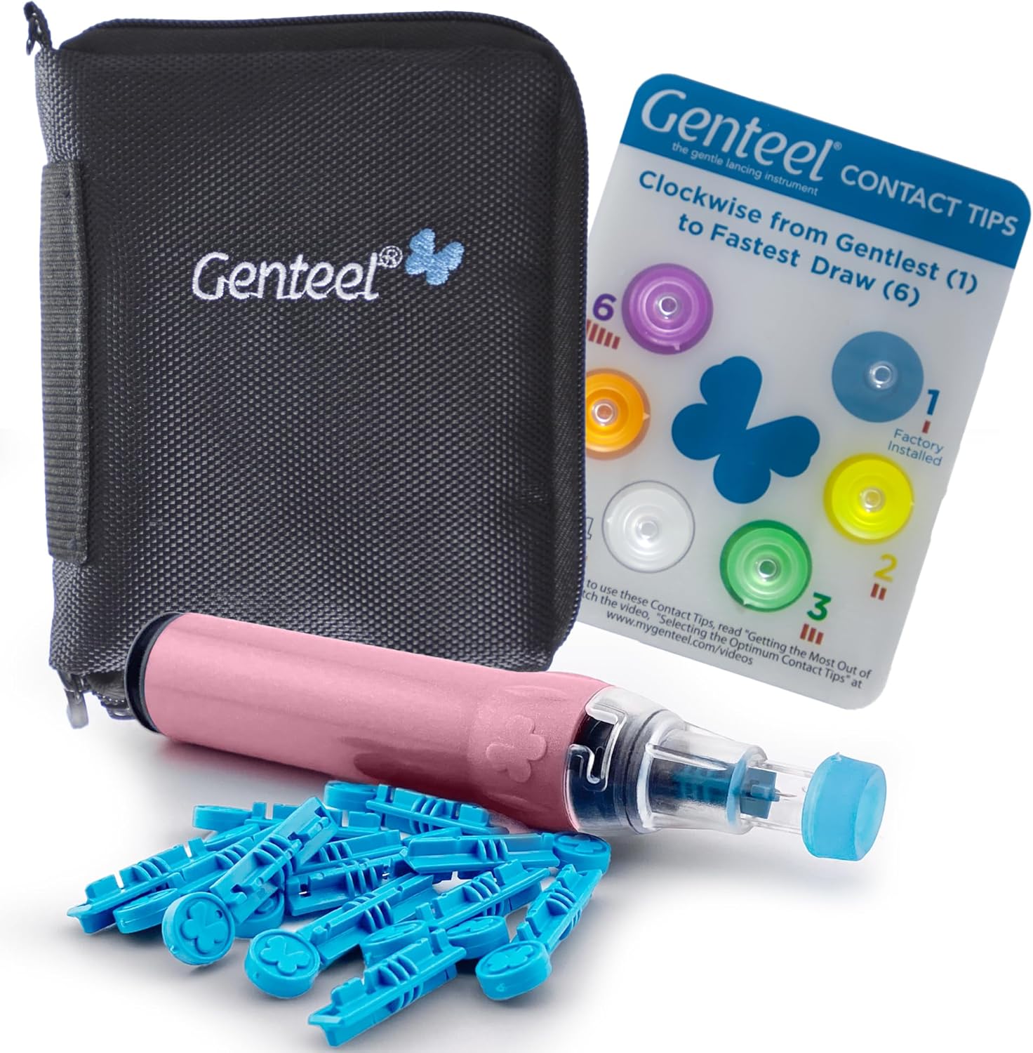 Genteel Plus - Pain Free Vacuum Lancing Device for Diabetes Testing - Blood Sugar, Glucose, Ketone, and DNA Home Tests (Princess Pink)