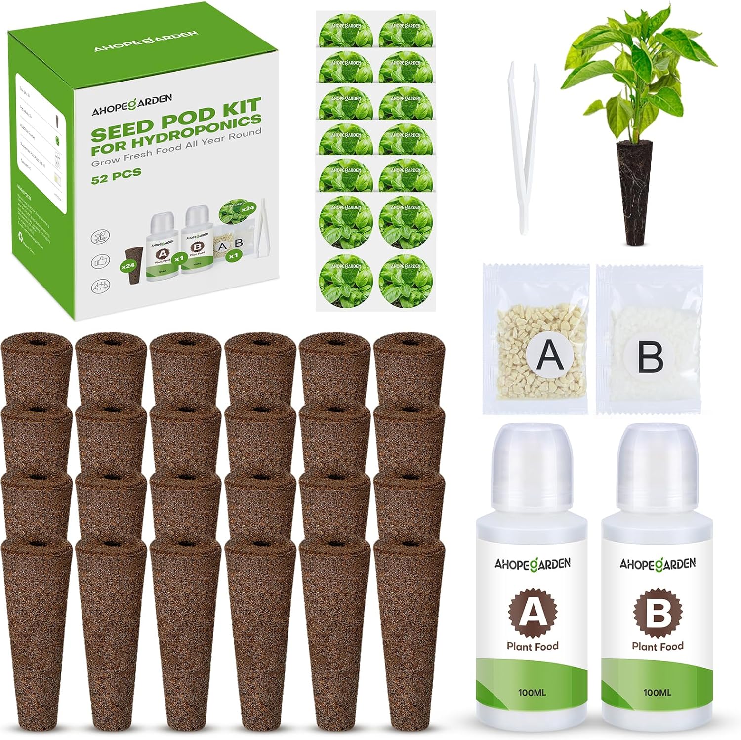 Ahopegarden 52PCS Hydroponics Pods Kit: Compatible with Aerogarden, Includes 24 Grow Sponges, 24 Pods Labels, 4 A&B Plant Food - Hydroponics Supplies for Most Brands